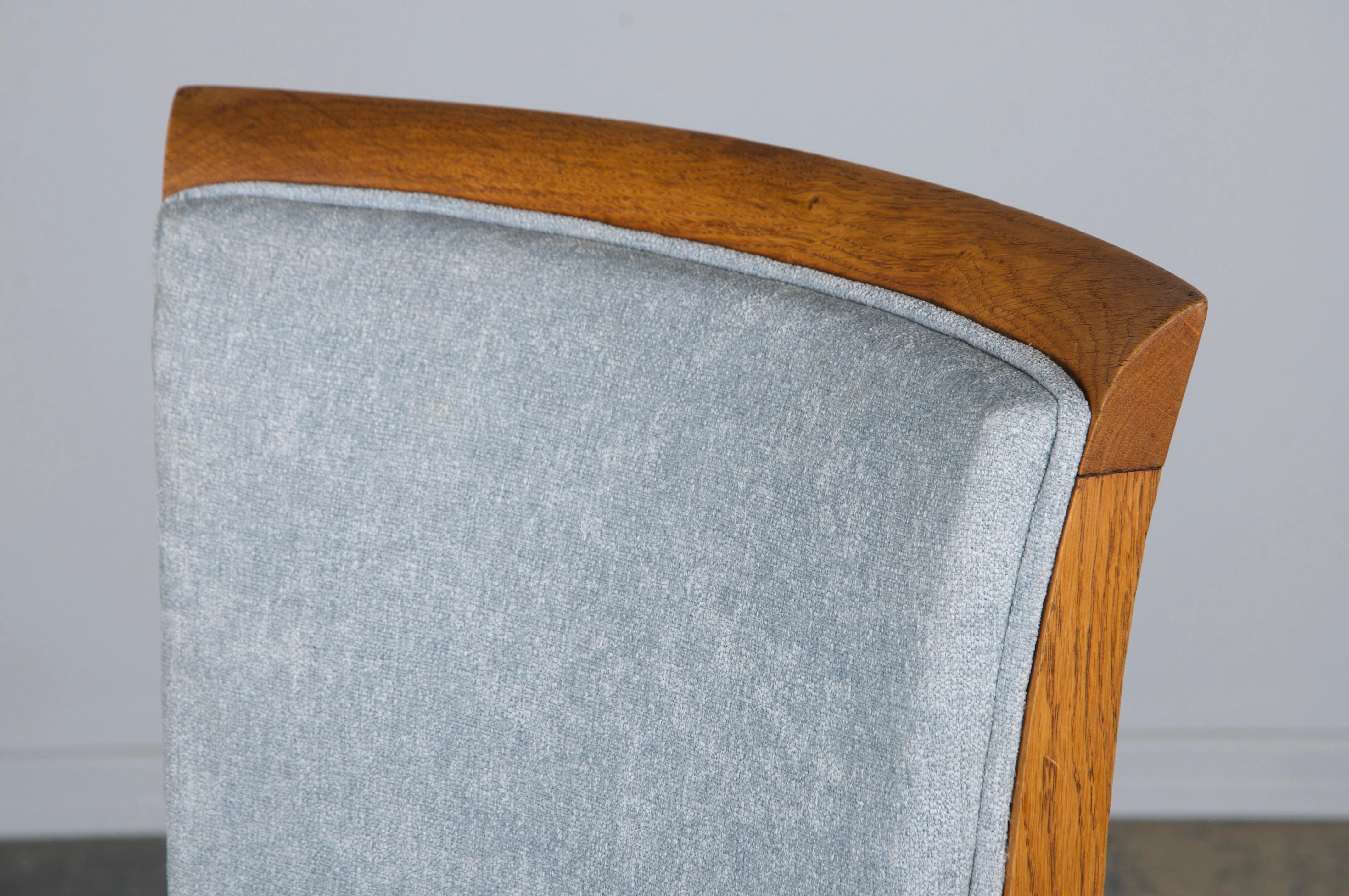 1930s French Art Deco Oak Dining Chairs in Dusty Blue Chenille - Set of 6 For Sale 9