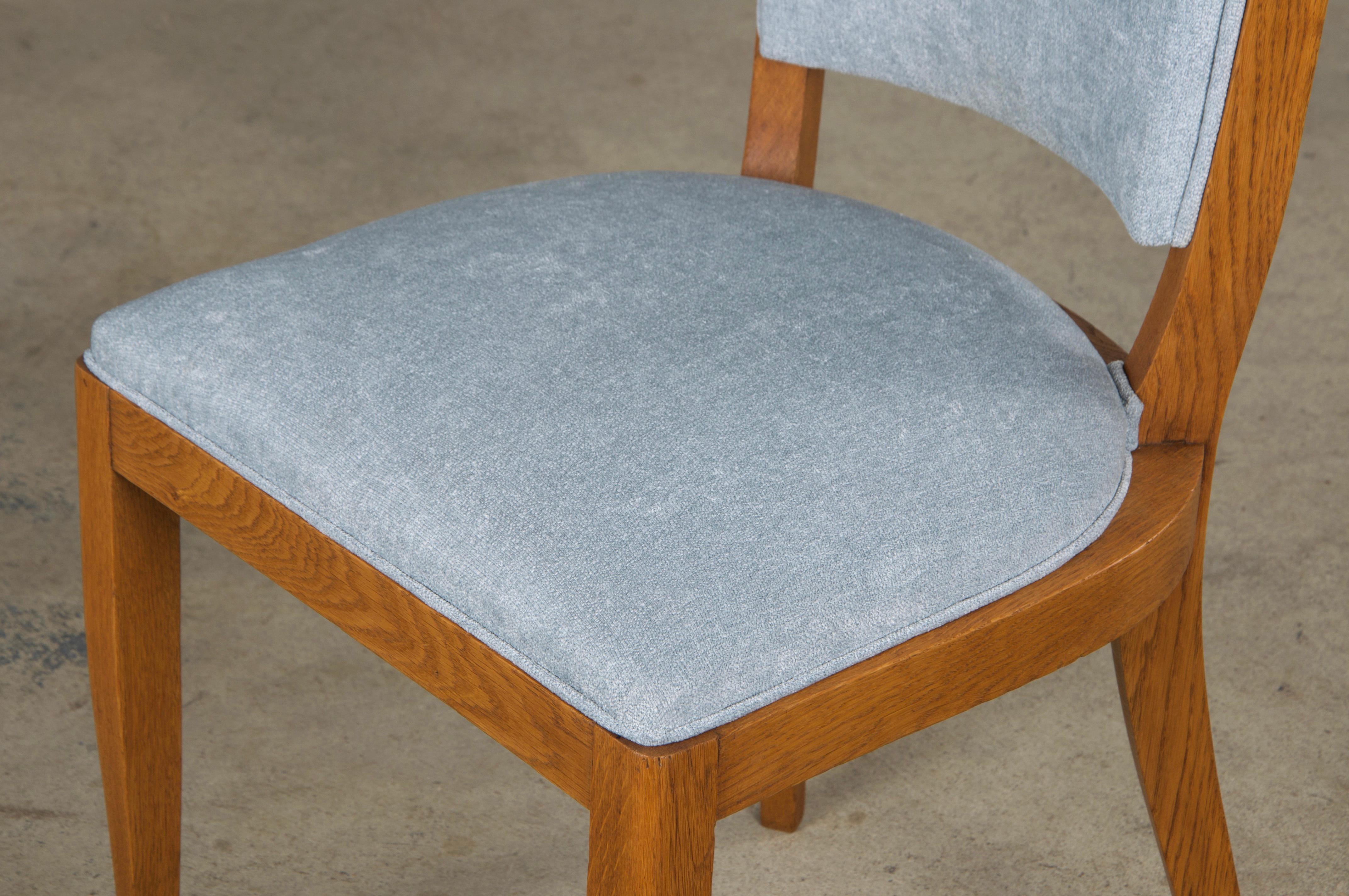 1930s French Art Deco Oak Dining Chairs in Dusty Blue Chenille - Set of 6 For Sale 10