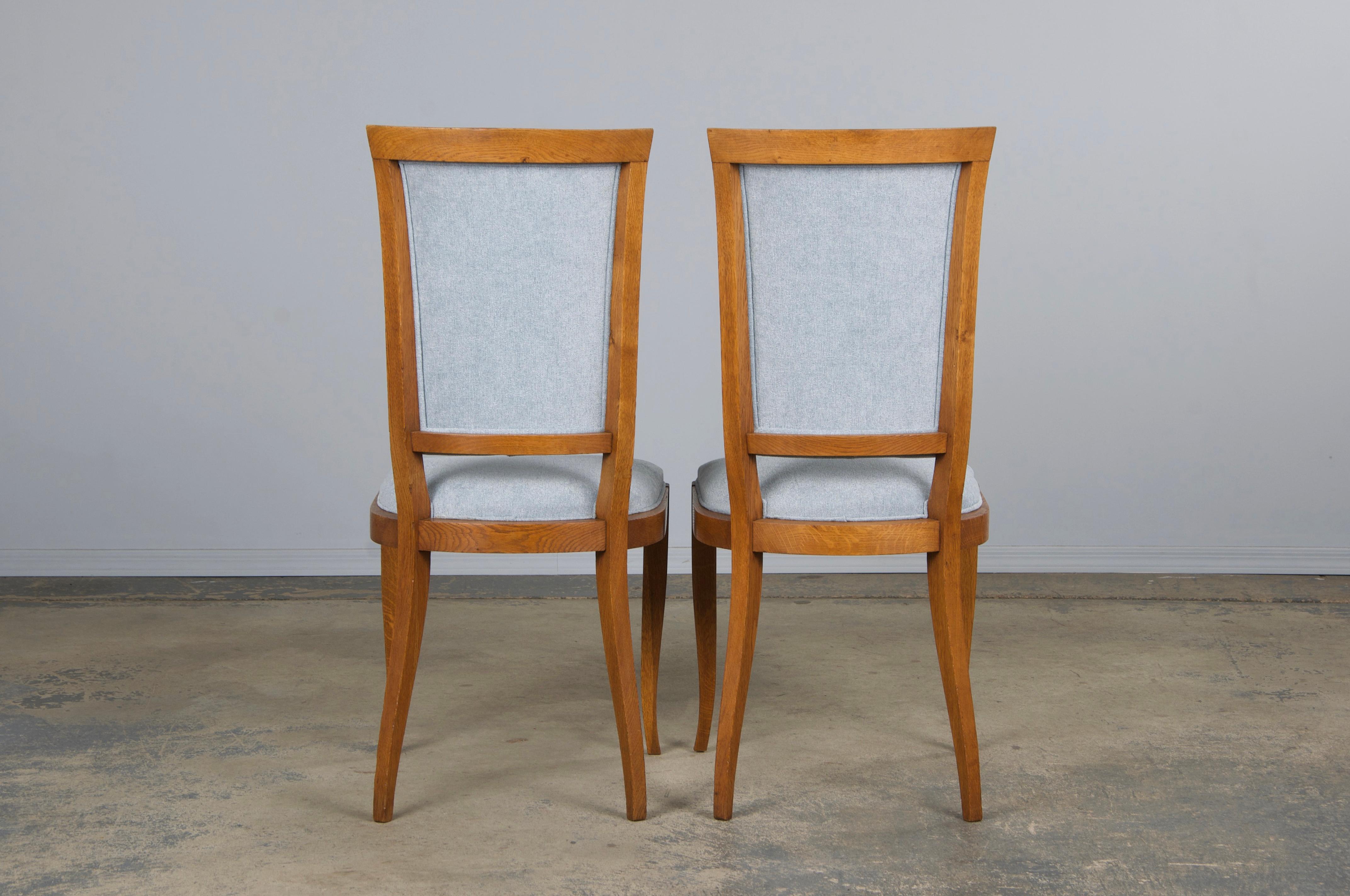 1930s French Art Deco Oak Dining Chairs in Dusty Blue Chenille - Set of 6 For Sale 12