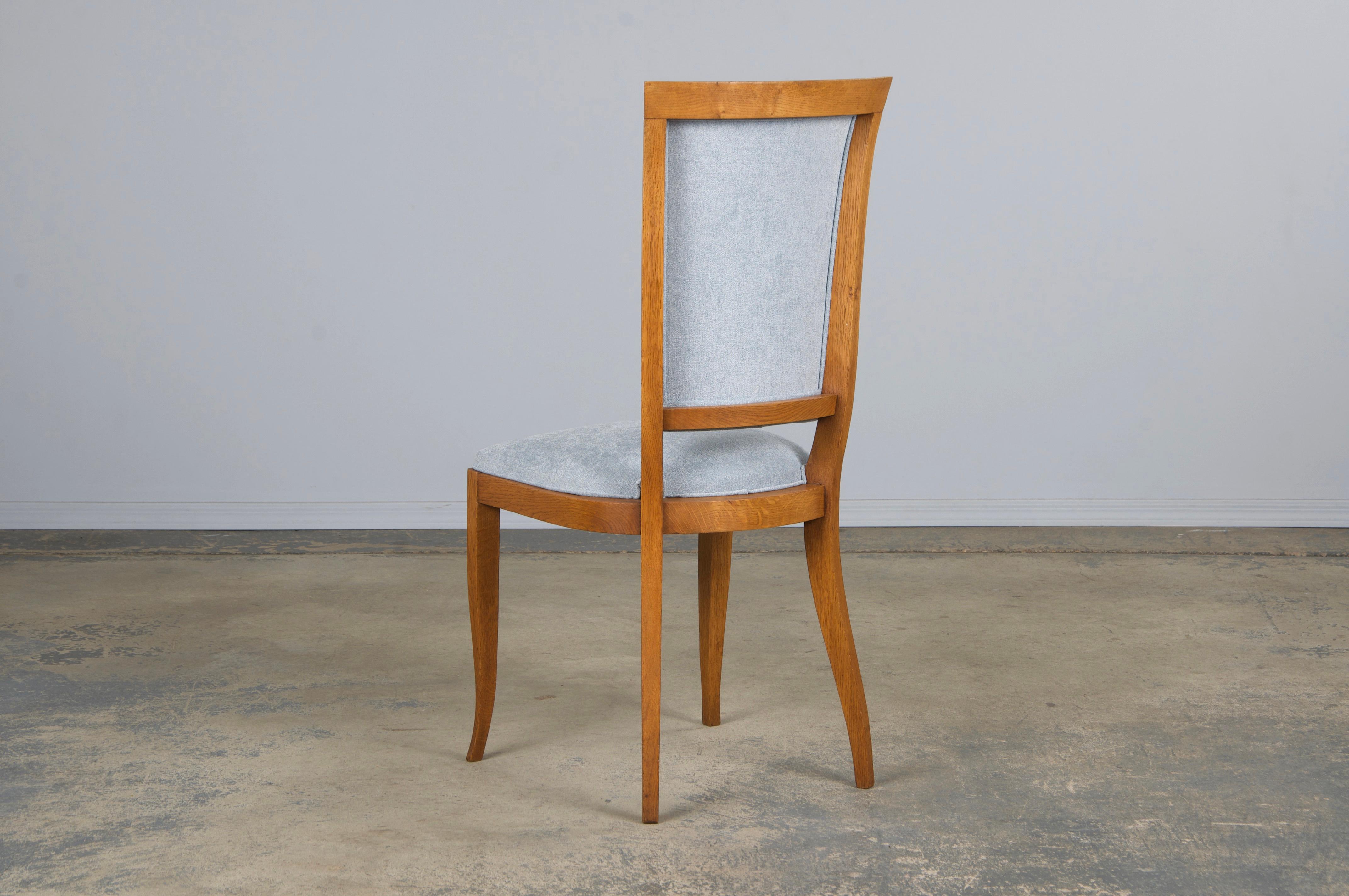 1930s French Art Deco Oak Dining Chairs in Dusty Blue Chenille - Set of 6 For Sale 13