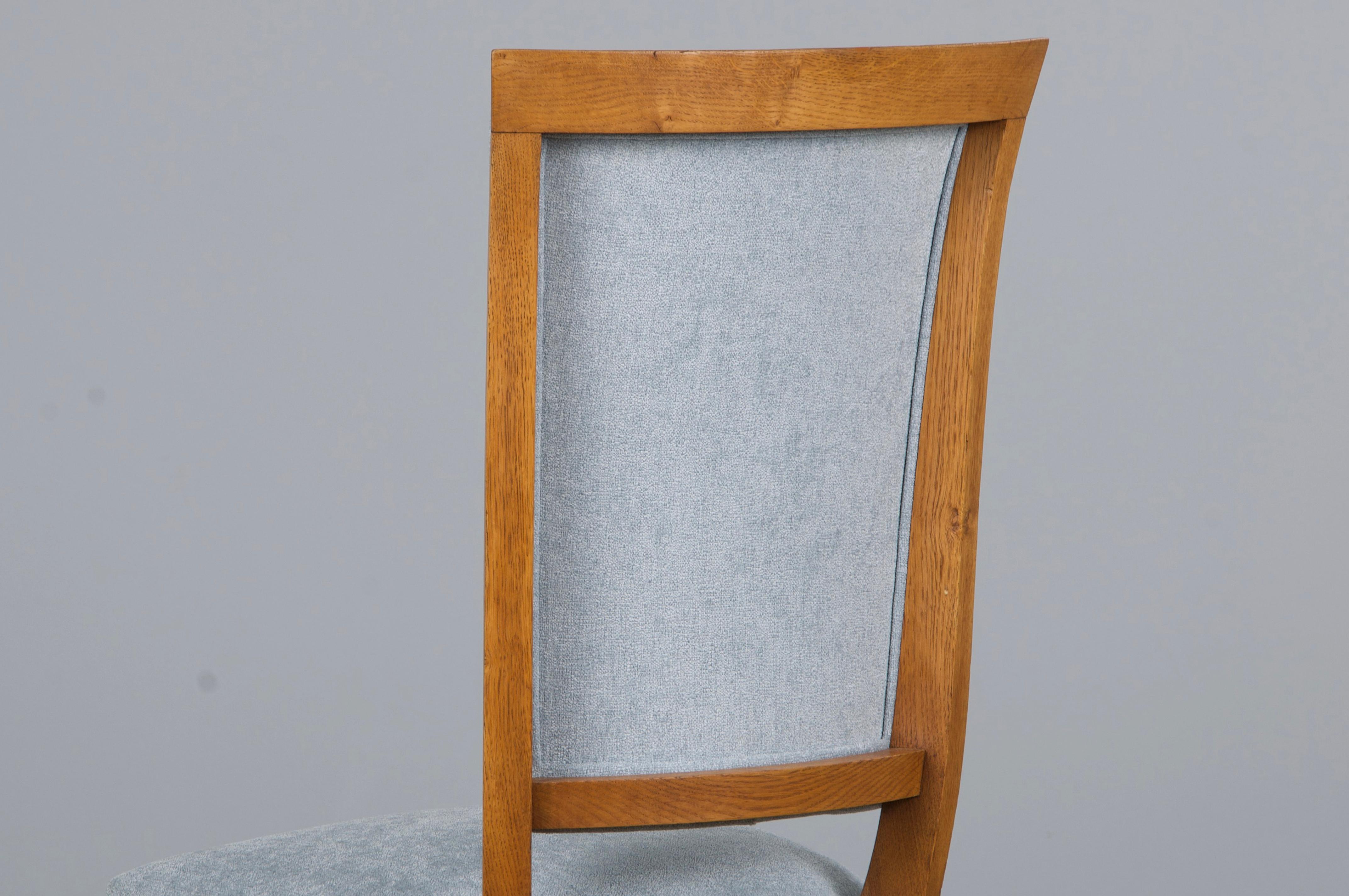 1930s French Art Deco Oak Dining Chairs in Dusty Blue Chenille - Set of 6 For Sale 14