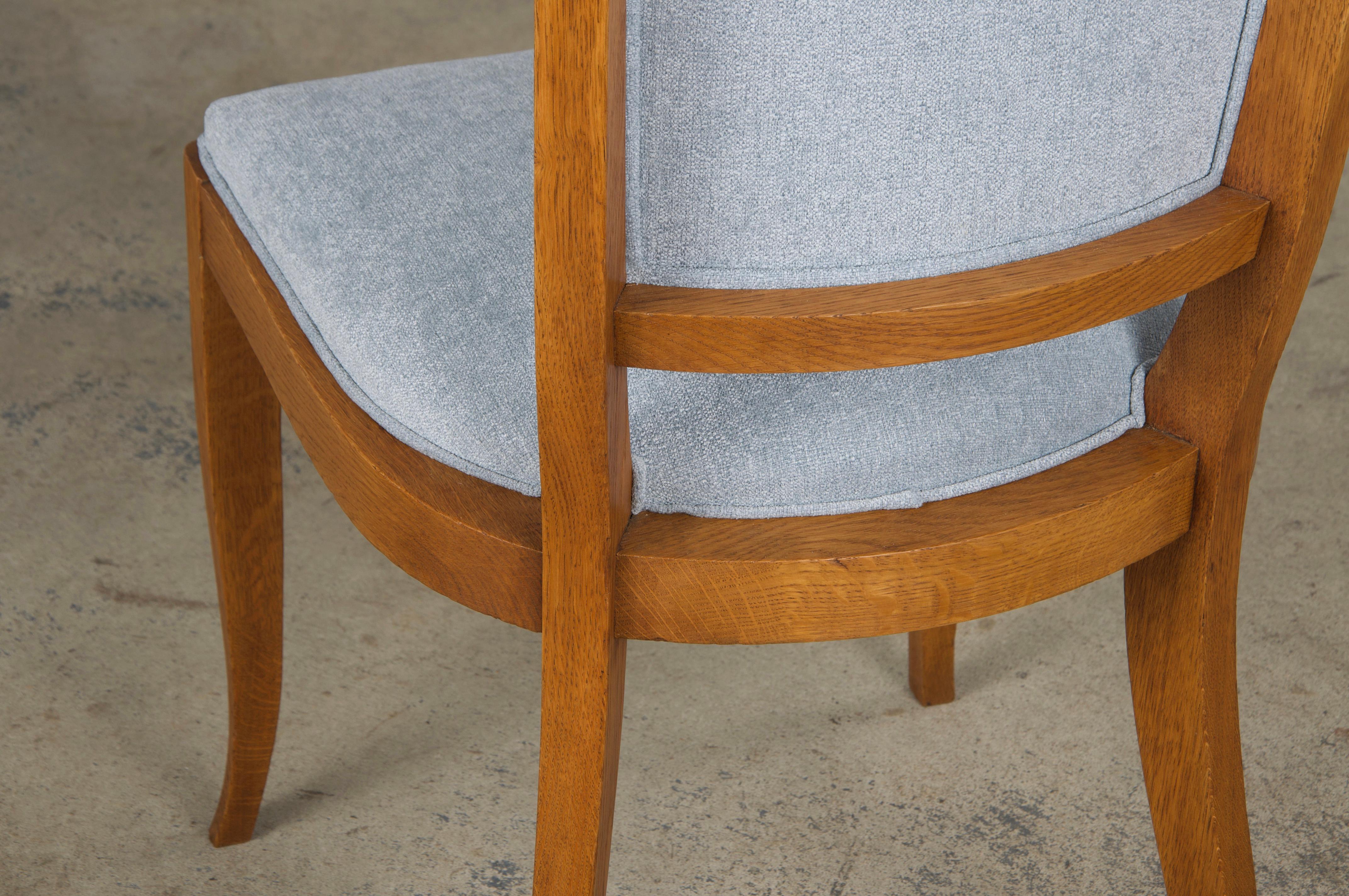 1930s French Art Deco Oak Dining Chairs in Dusty Blue Chenille - Set of 6 For Sale 15