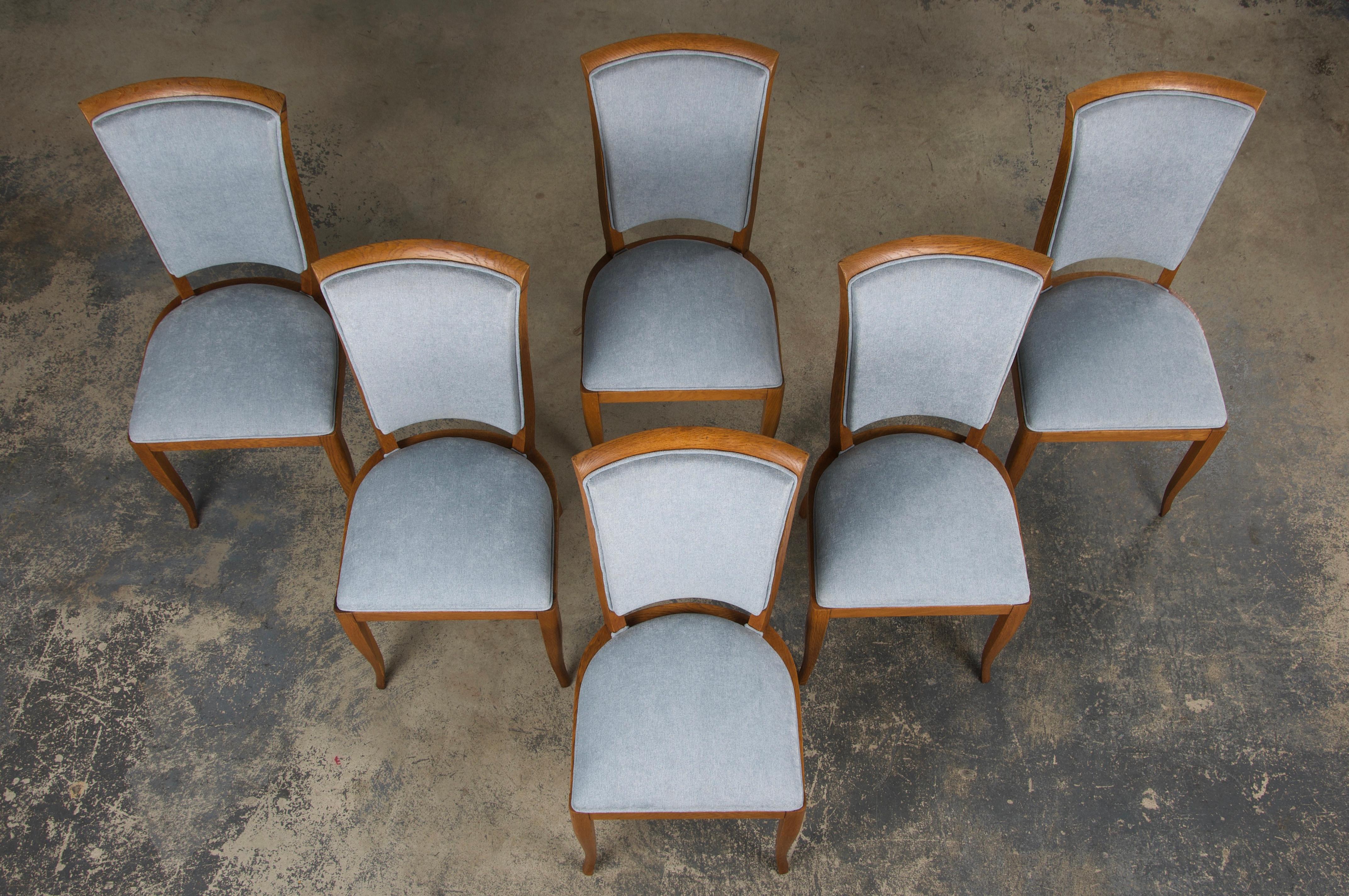 Hand-Carved 1930s French Art Deco Oak Dining Chairs in Dusty Blue Chenille - Set of 6 For Sale