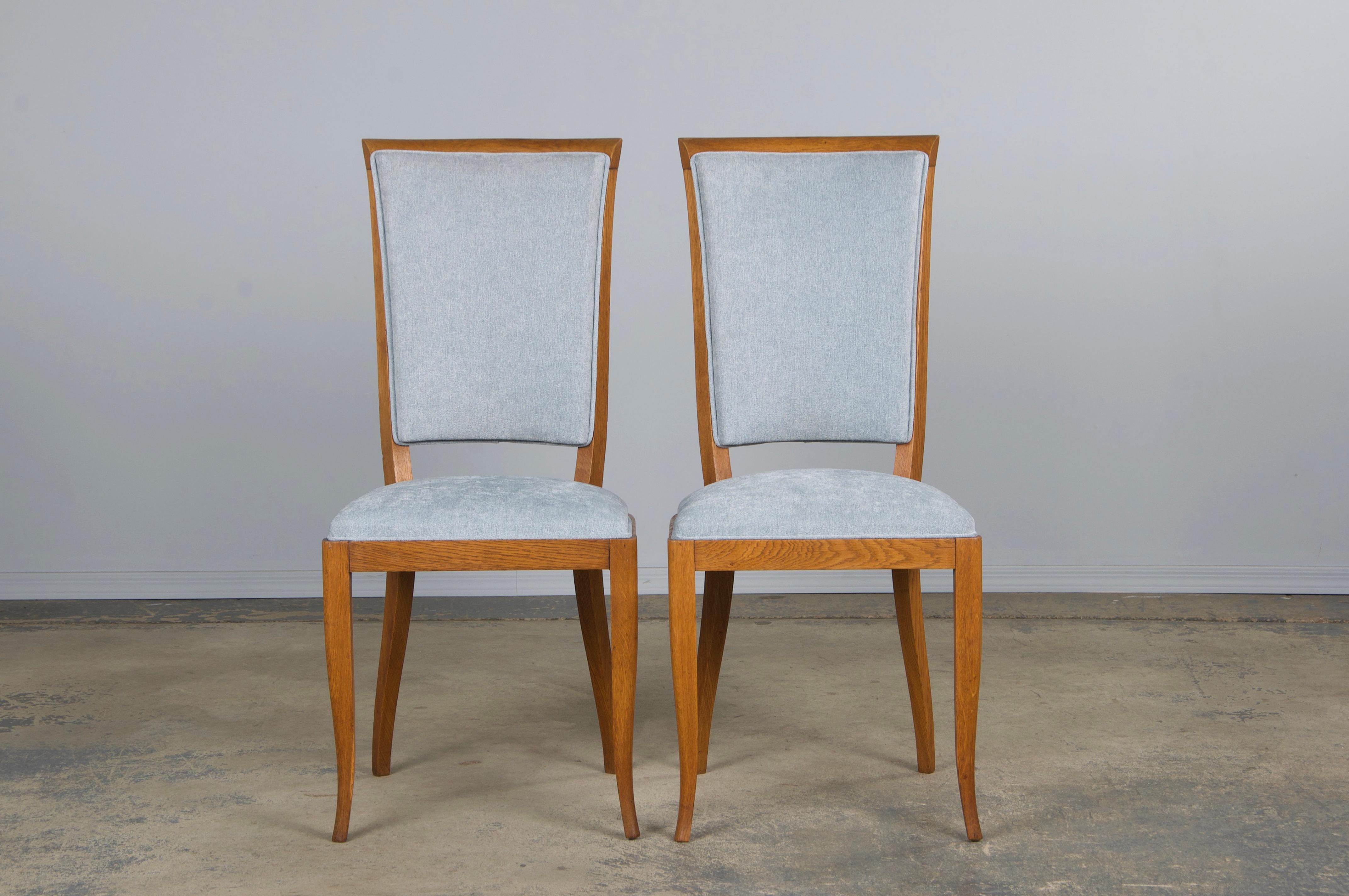 20th Century 1930s French Art Deco Oak Dining Chairs in Dusty Blue Chenille - Set of 6 For Sale