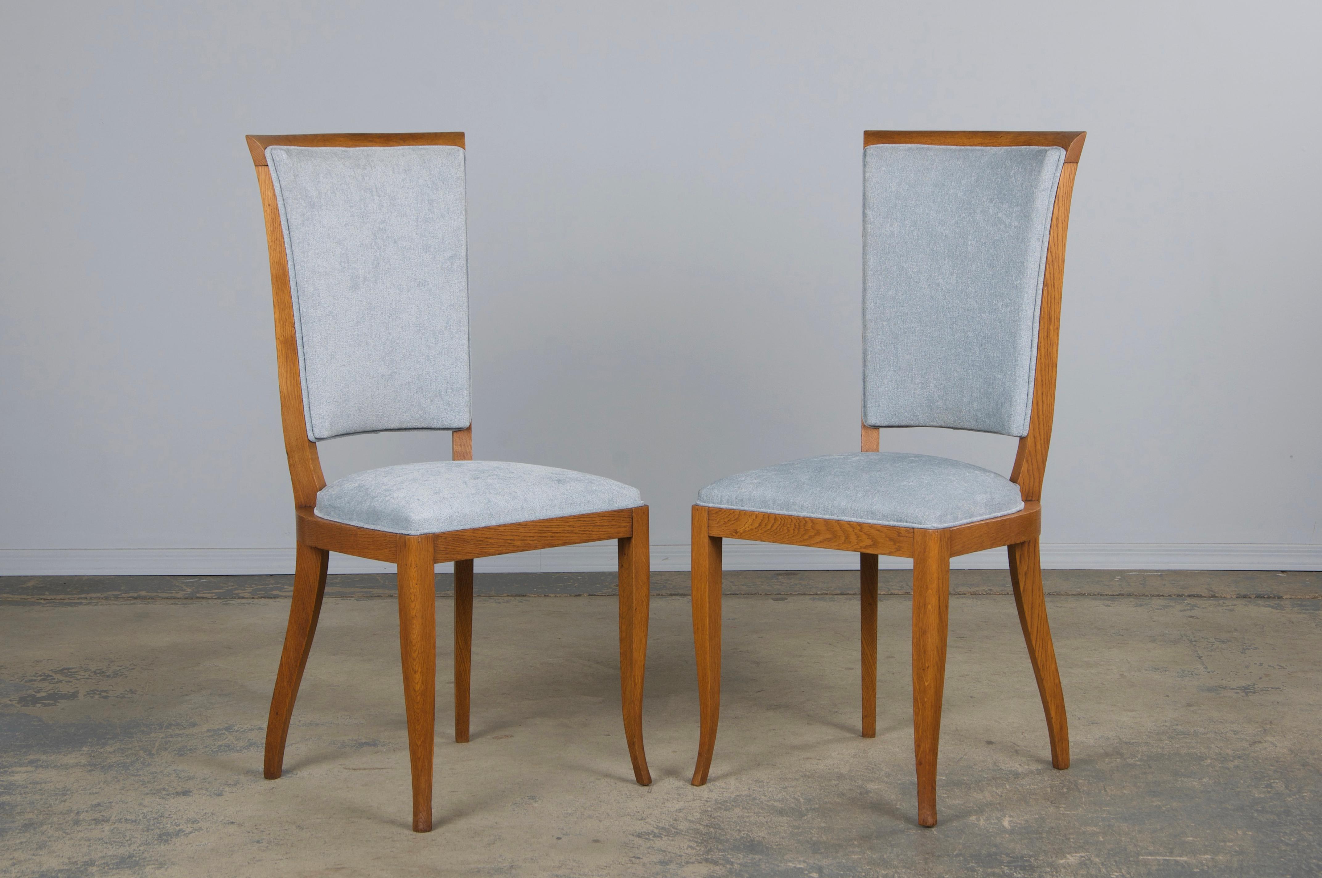 1930s French Art Deco Oak Dining Chairs in Dusty Blue Chenille - Set of 6 For Sale 1
