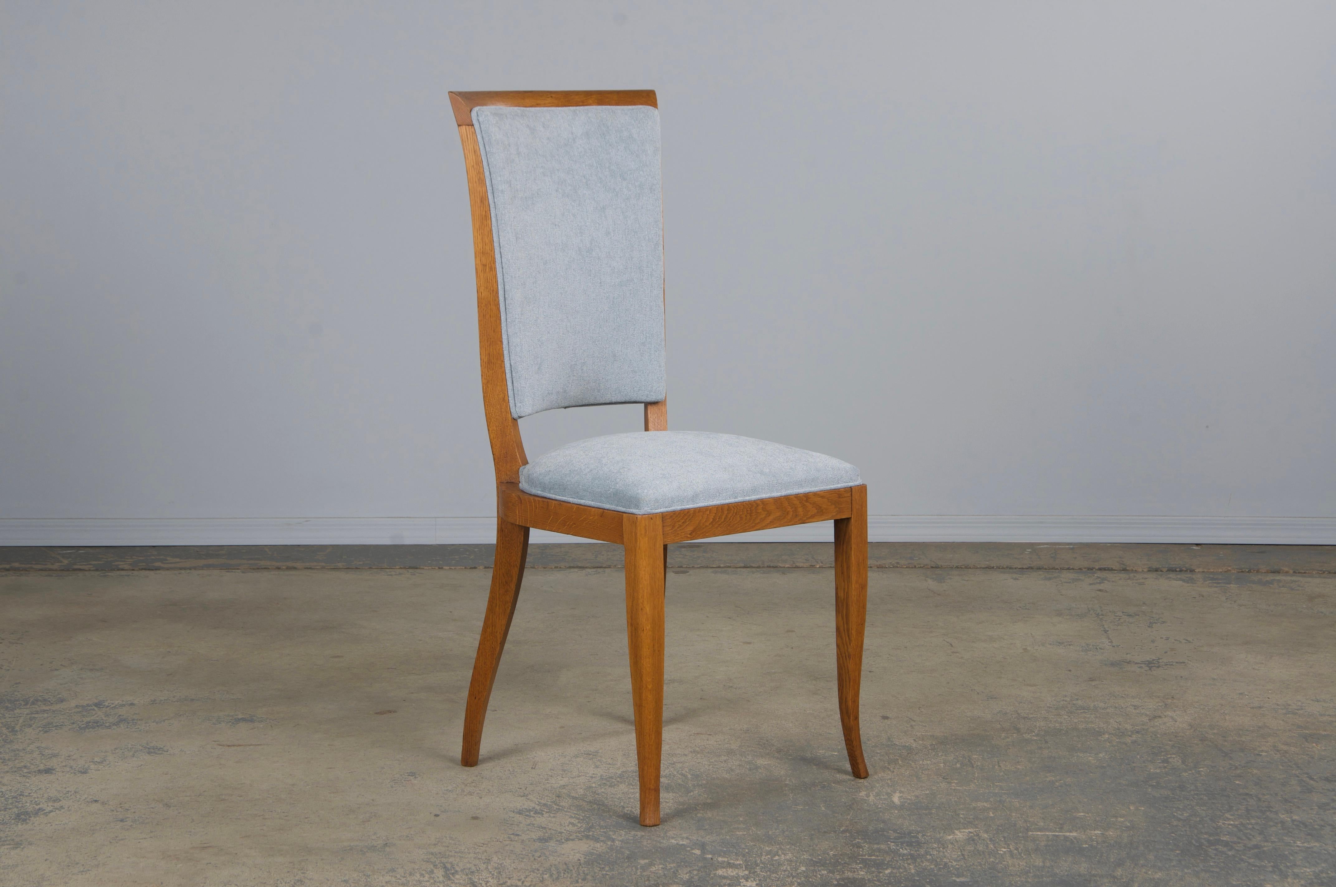 1930s French Art Deco Oak Dining Chairs in Dusty Blue Chenille - Set of 6 For Sale 2