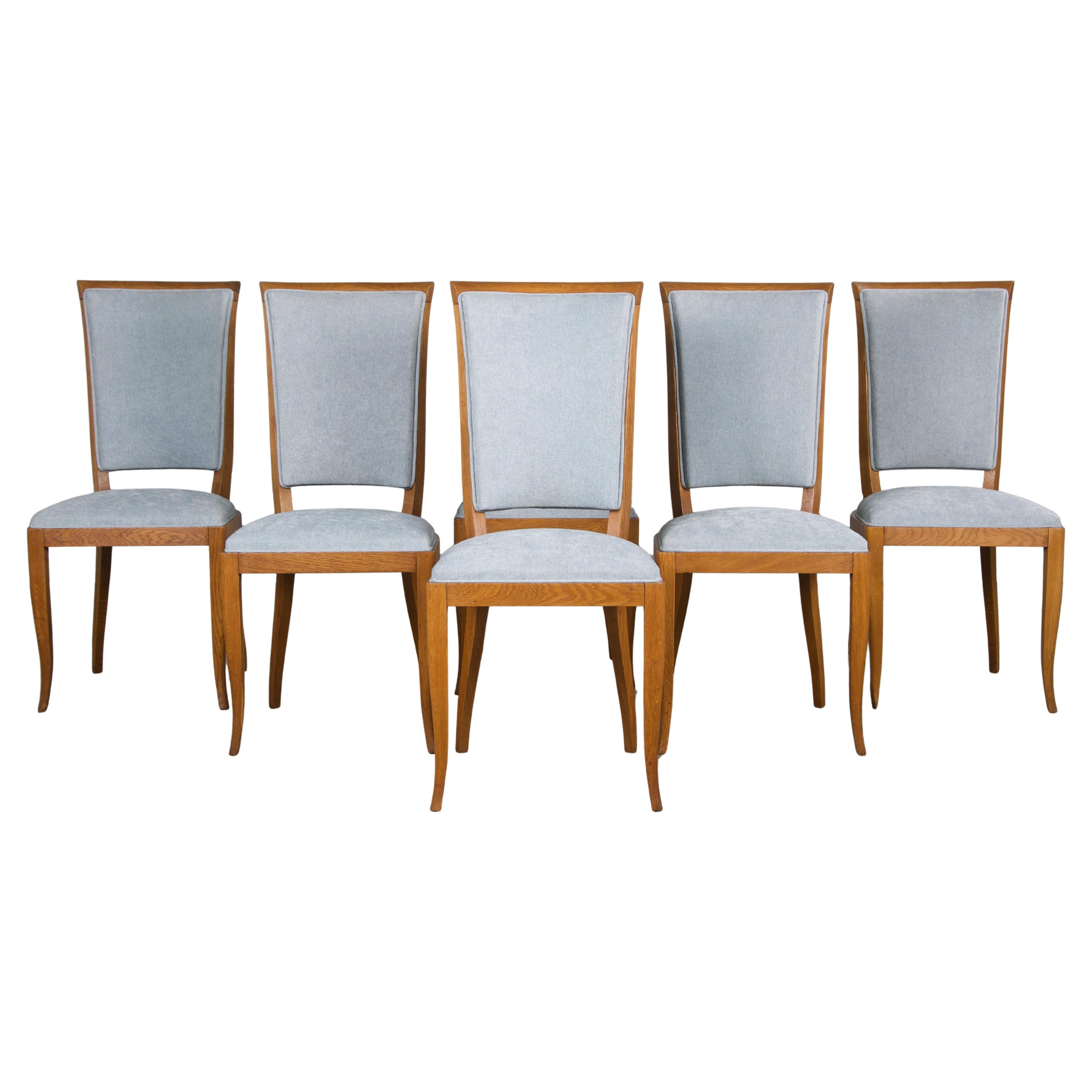 1930s French Art Deco Oak Dining Chairs in Dusty Blue Chenille - Set of 6