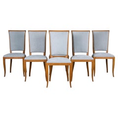1930s French Art Deco Oak Dining Chairs in Dusty Blue Chenille - Set of 6