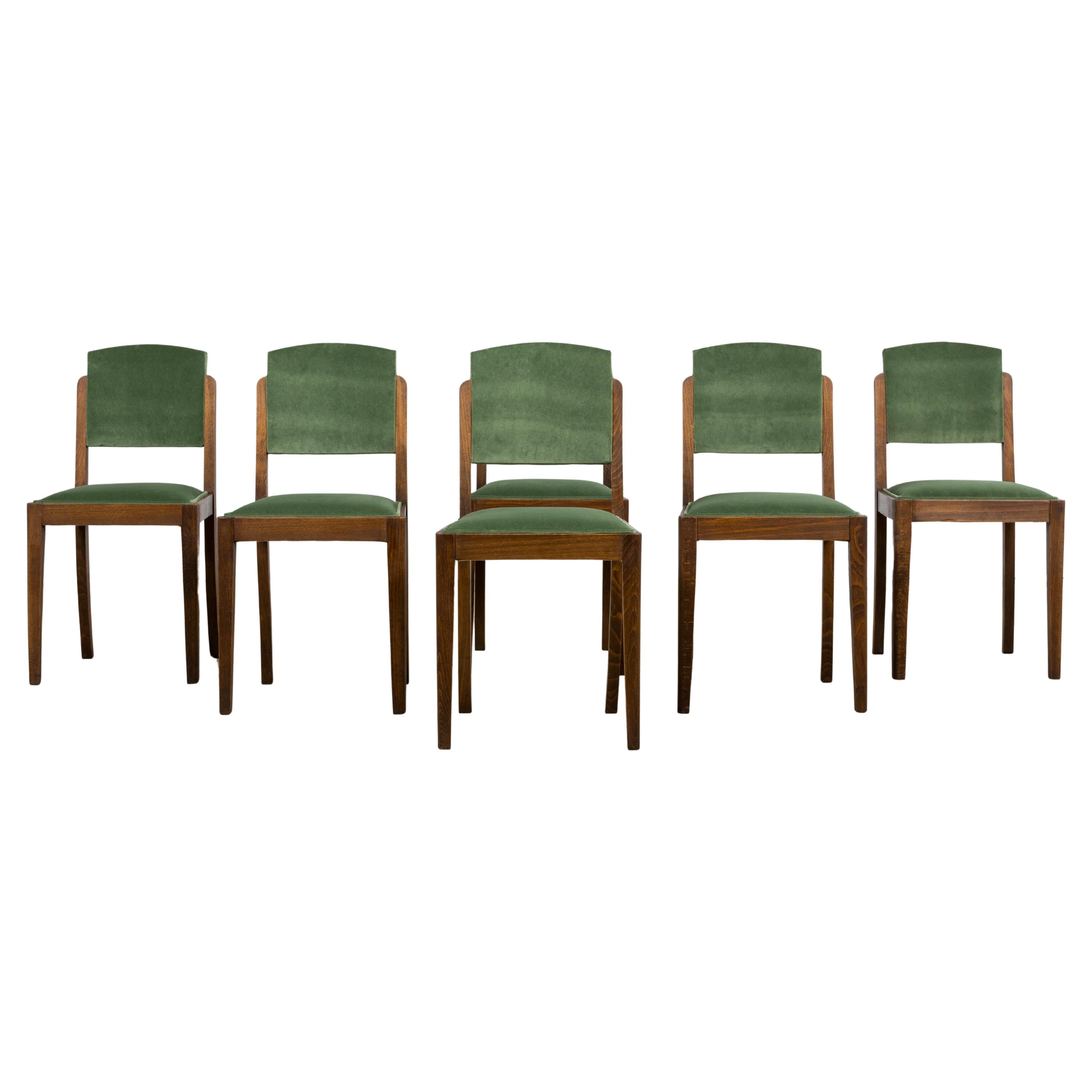Chaises de salle à manger en chêne Art Deco français des années 1930 avec velours vert - Lot de 6