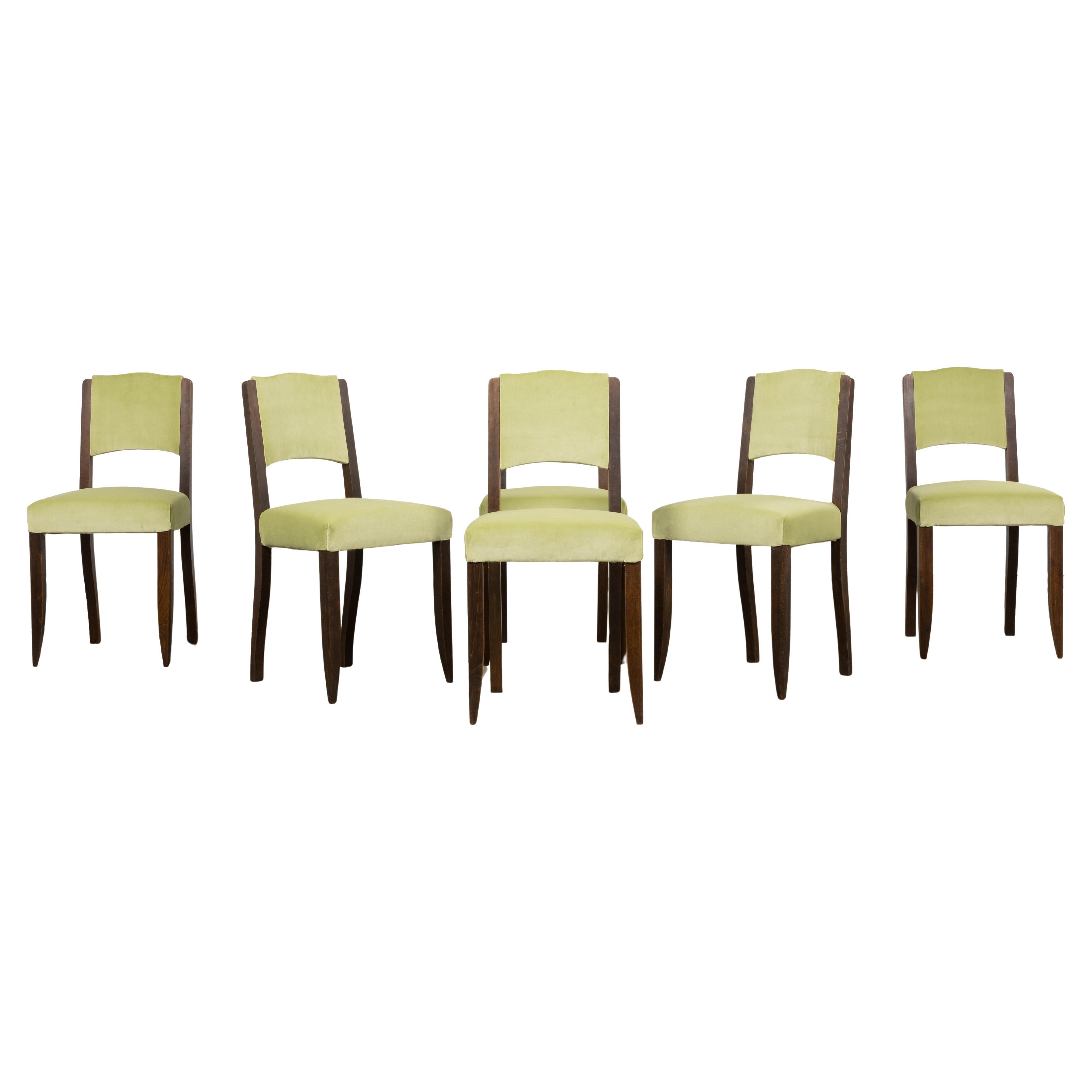 1930s French Art Deco Oak Dining Chairs in Laurel Green Velvet - Set of 6