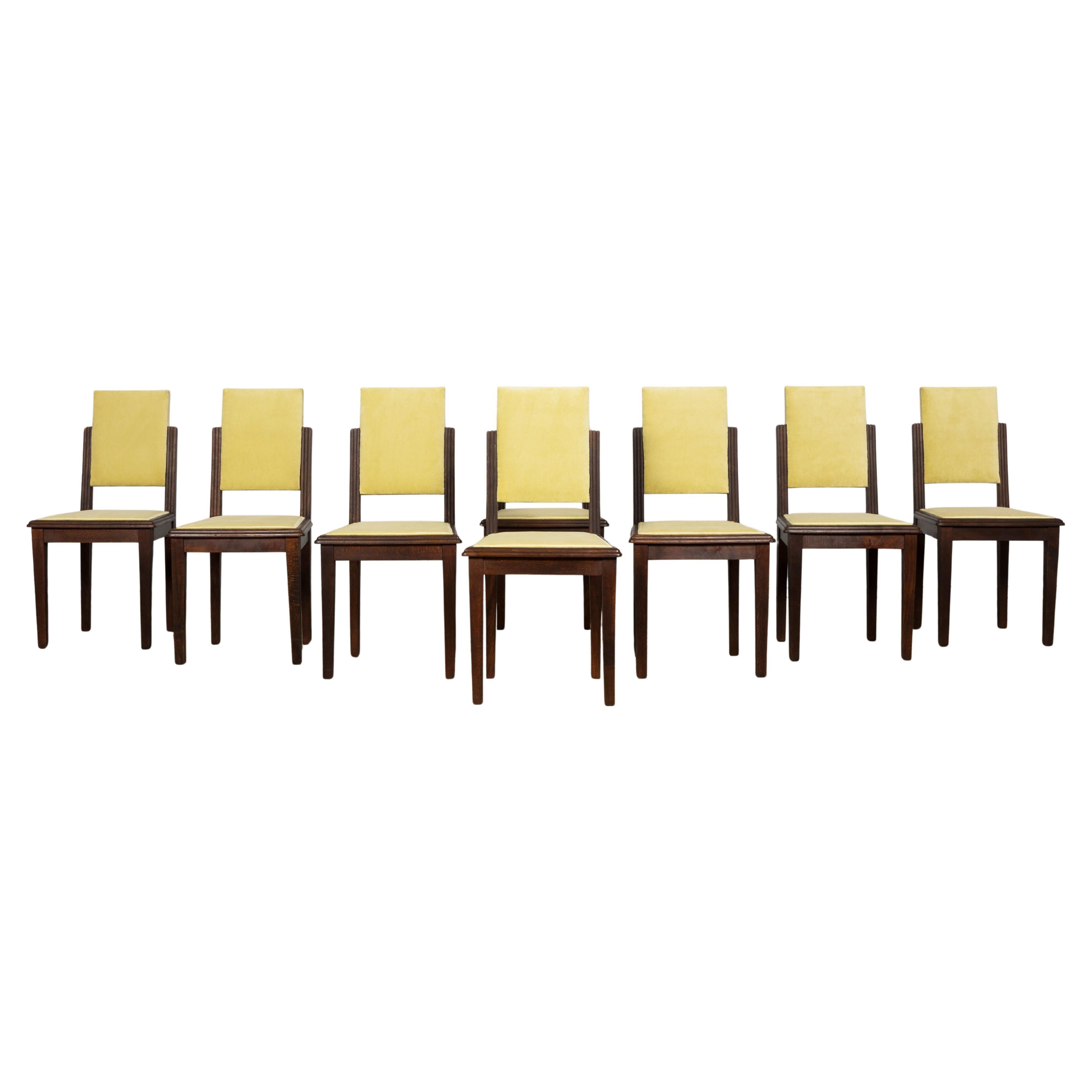 1930s French Art Deco Oak Dining Chairs in Light Yellow Velvet – Set of 8 For Sale