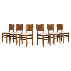 1930s French Art Deco Oak Dining Chairs in Striped Fabric - Set of 6