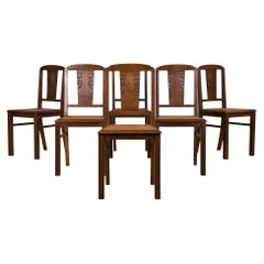 1930s French Art Deco Oak Dining Chairs W/ Cane Seats - Set of 6