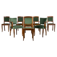 1930s French Art Deco Oak Dining Chairs W/ Moss Green Velvet - Set of 8