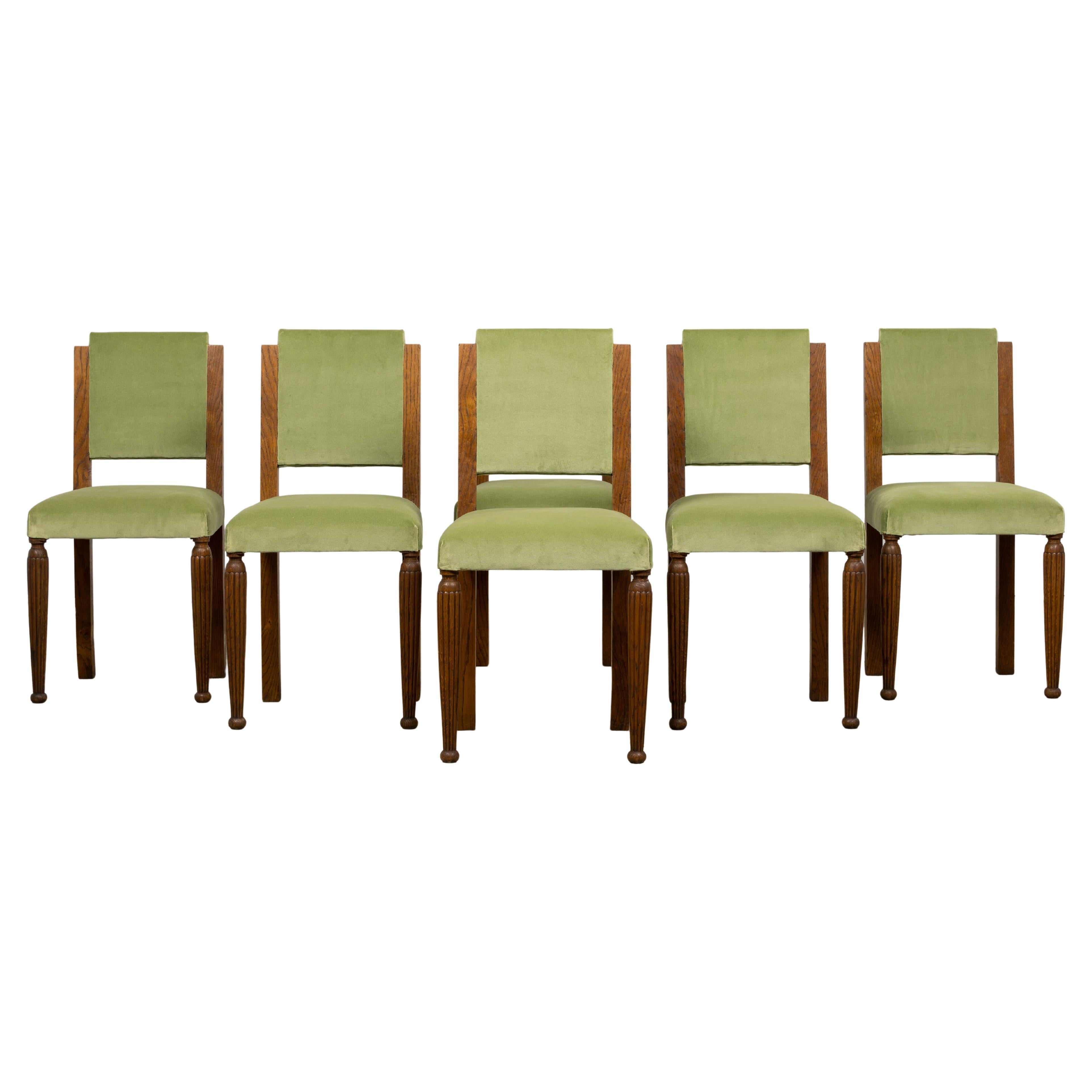 Chais de Comedor Franceses Art Decó de 1930 en Terciopelo Verde Salvia - Set de 6 en venta