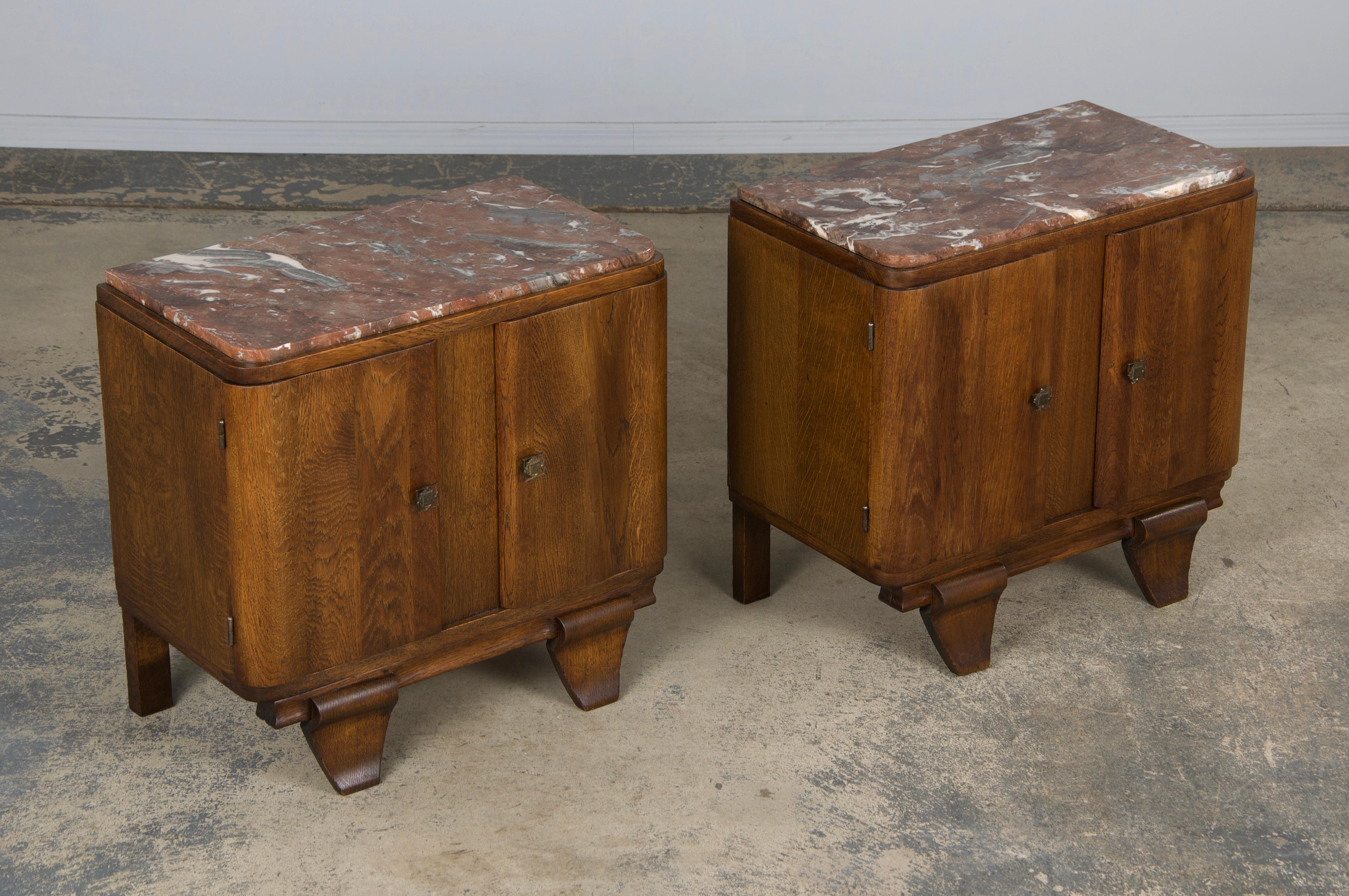 1930s French Art Deco Oak Nightstands W/ Red Marble Tops - A Pair 6