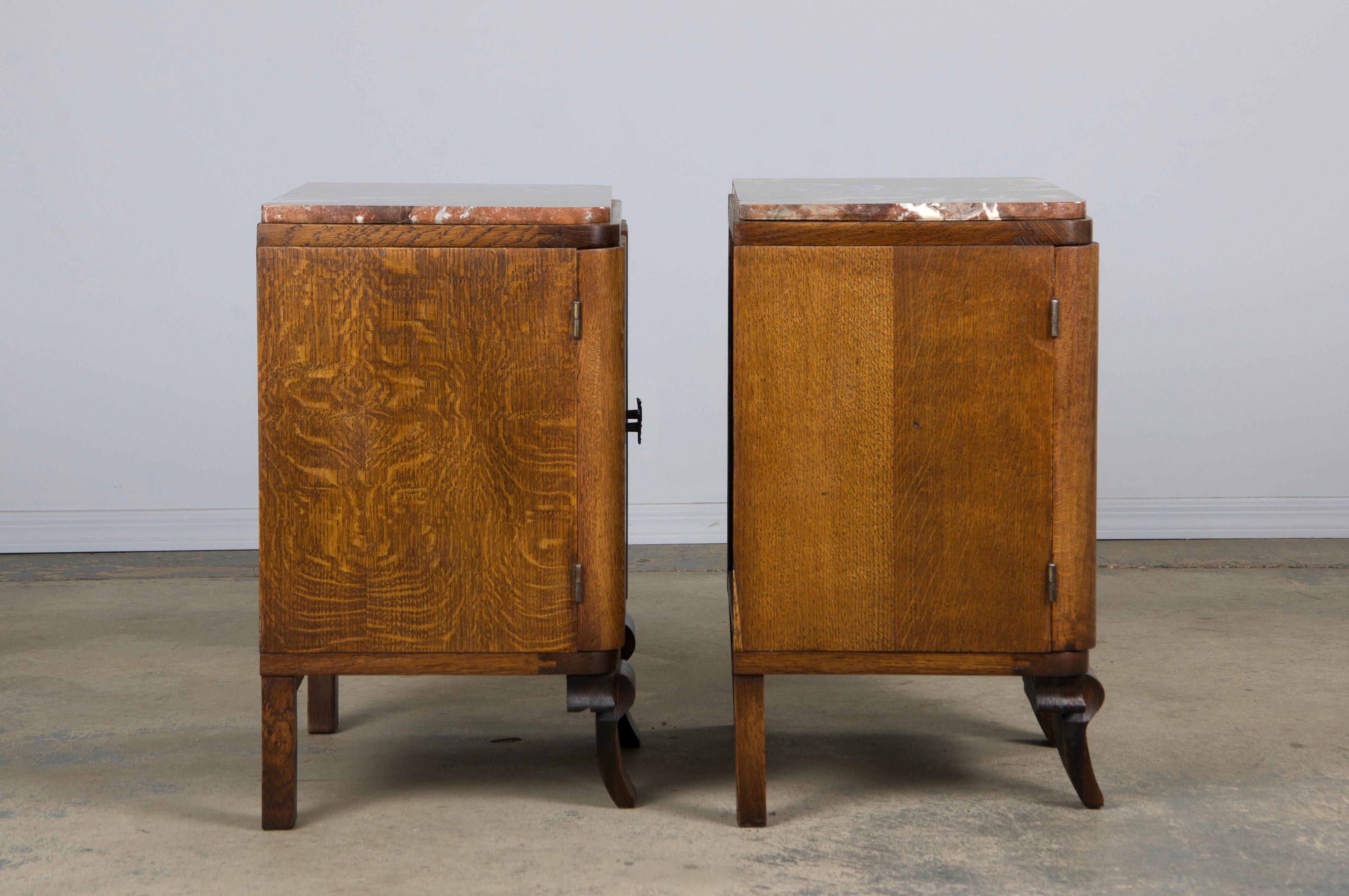1930s French Art Deco Oak Nightstands W/ Red Marble Tops - A Pair 8