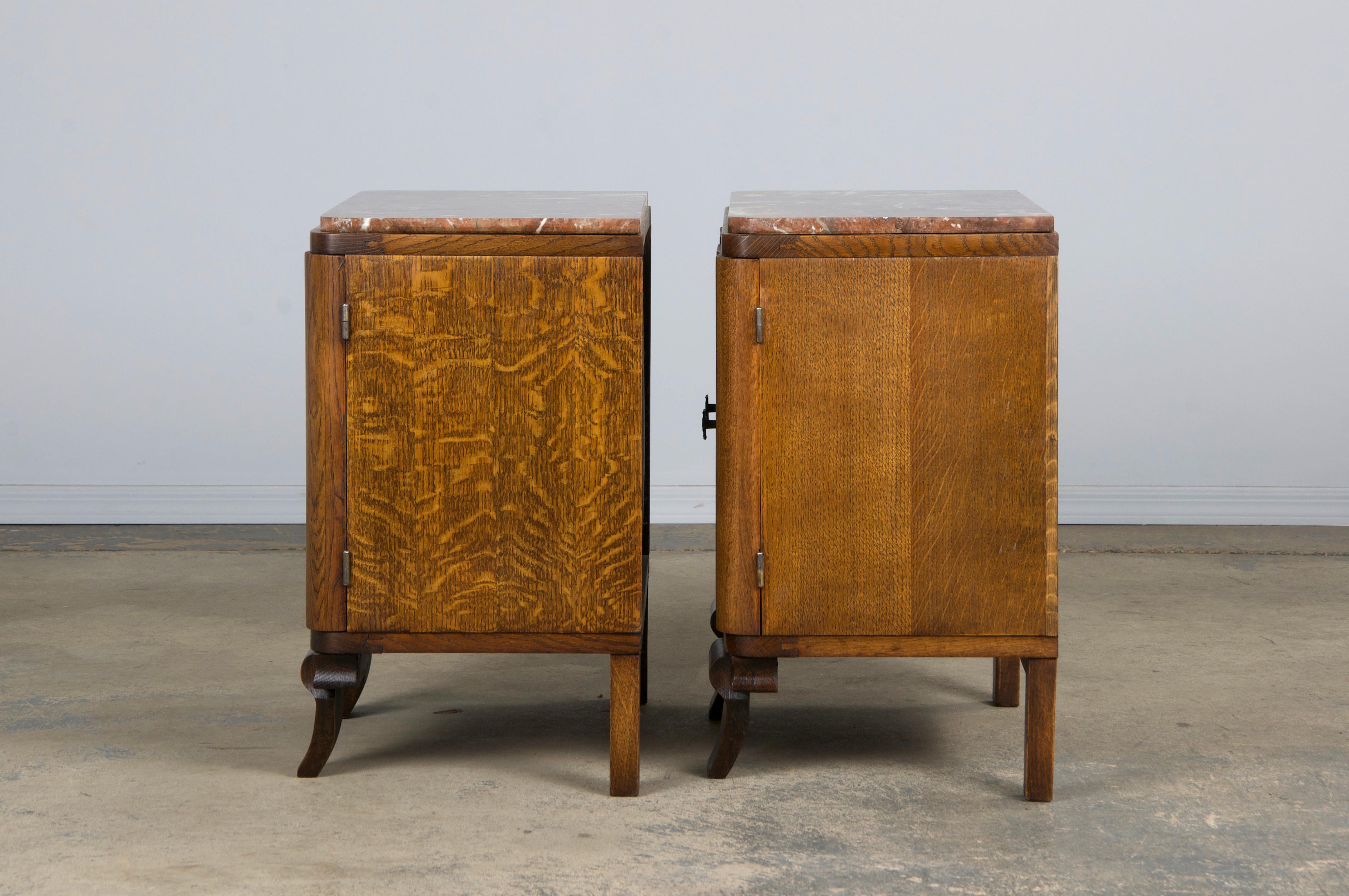 1930s French Art Deco Oak Nightstands W/ Red Marble Tops - A Pair 9