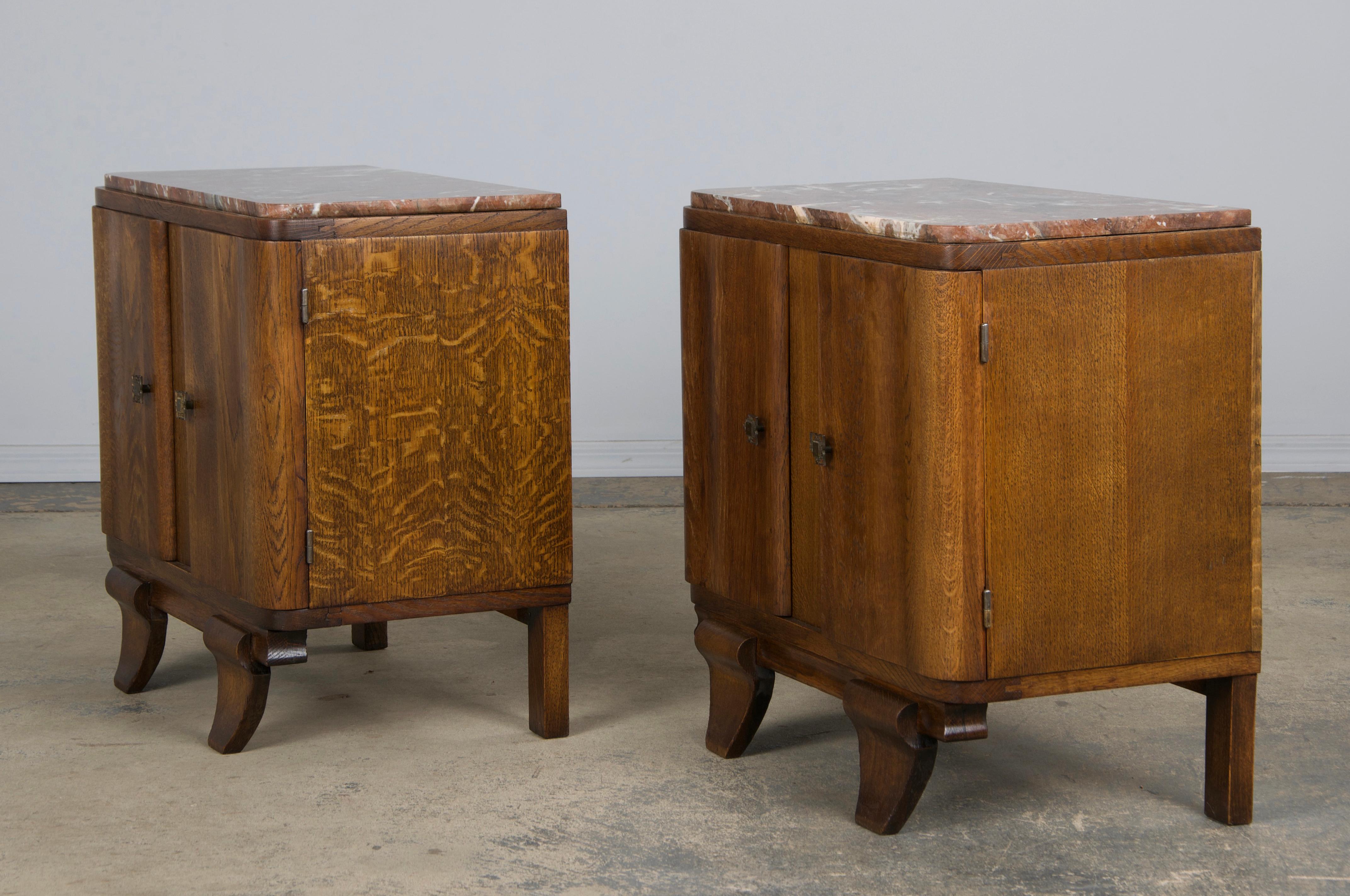 1930s French Art Deco Oak Nightstands W/ Red Marble Tops - A Pair 10