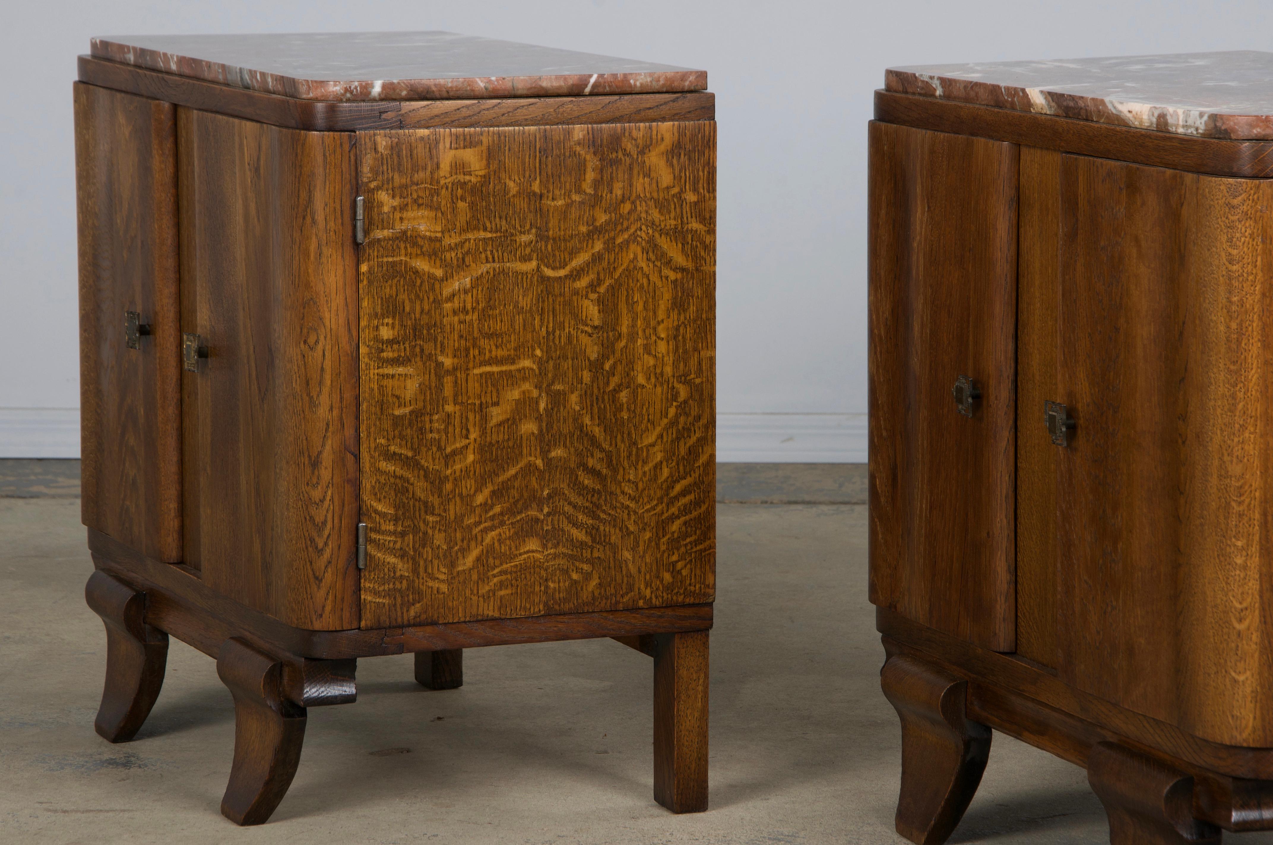 1930s French Art Deco Oak Nightstands W/ Red Marble Tops - A Pair 11