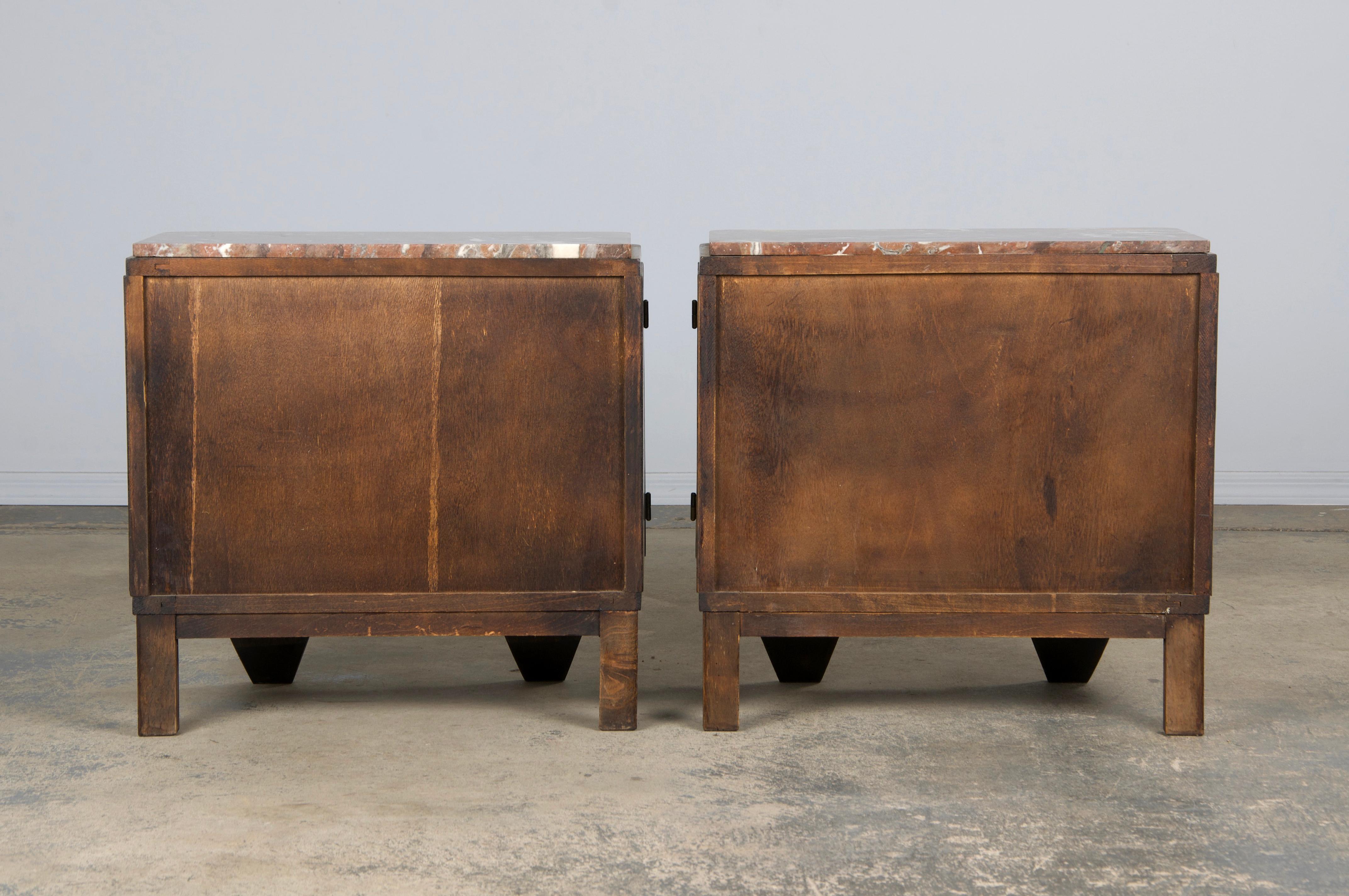 1930s French Art Deco Oak Nightstands W/ Red Marble Tops - A Pair 13