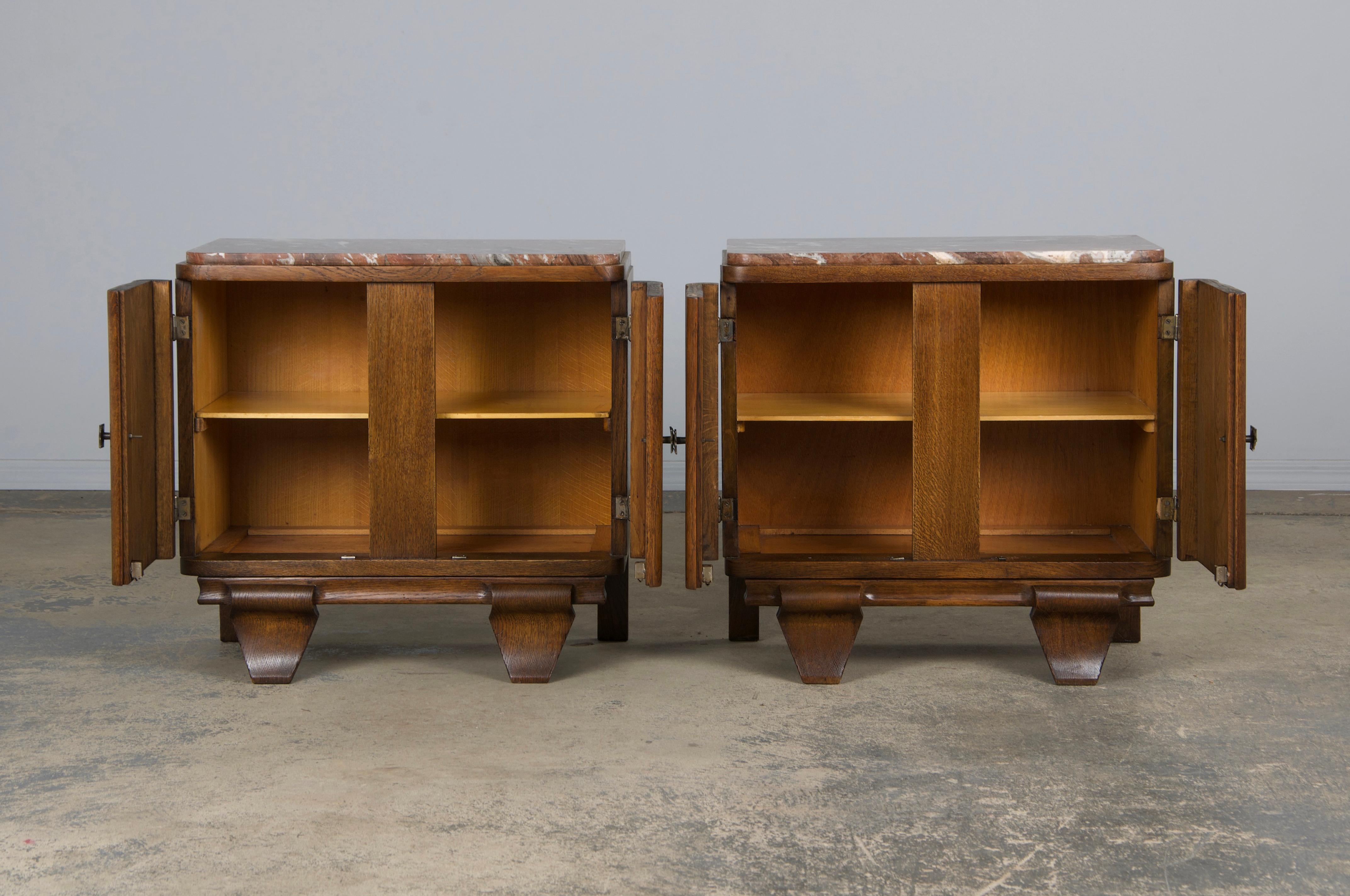 1930s French Art Deco Oak Nightstands W/ Red Marble Tops - A Pair In Good Condition In Astoria, NY