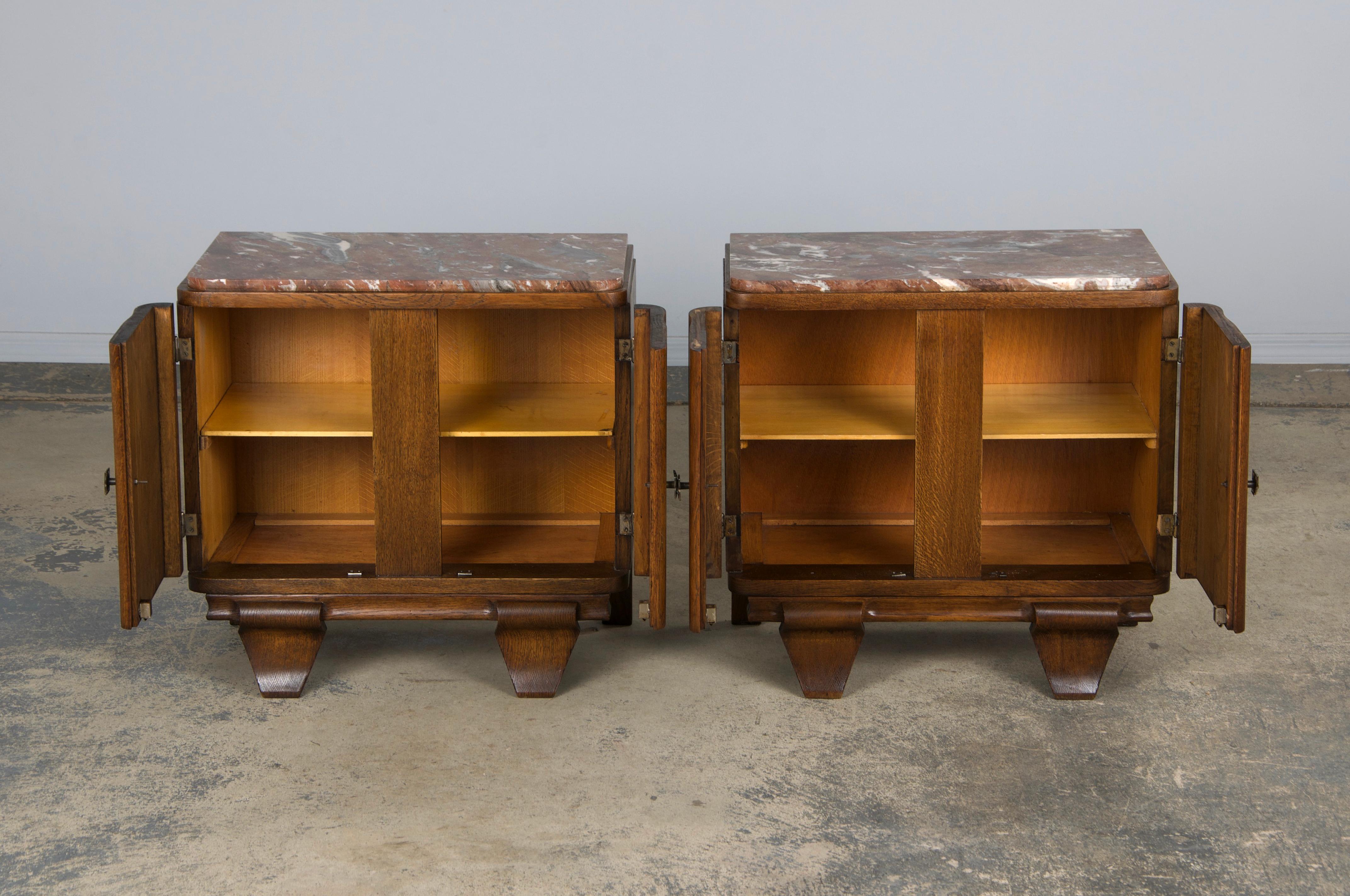 20th Century 1930s French Art Deco Oak Nightstands W/ Red Marble Tops - A Pair
