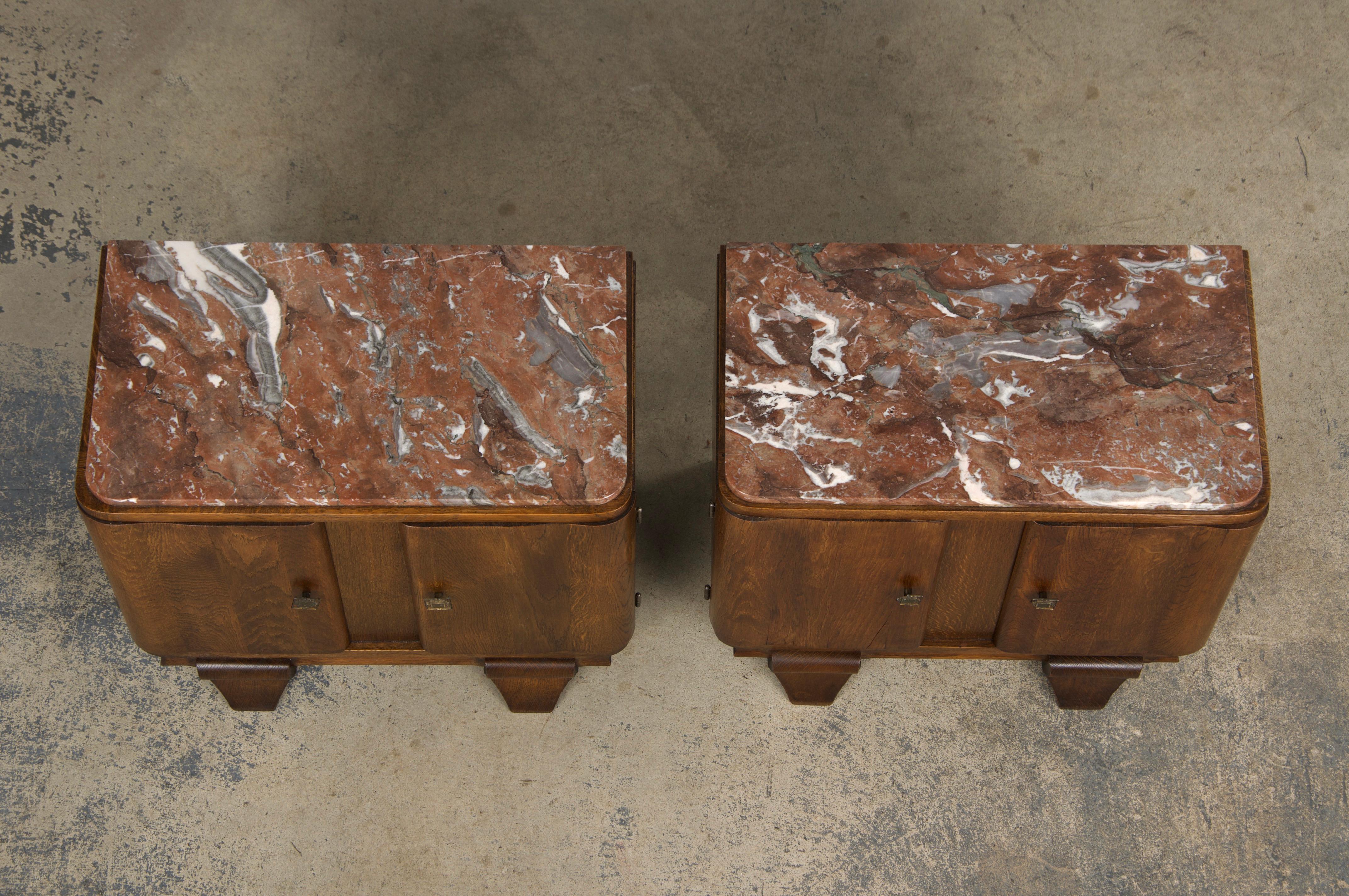 1930s French Art Deco Oak Nightstands W/ Red Marble Tops - A Pair 1