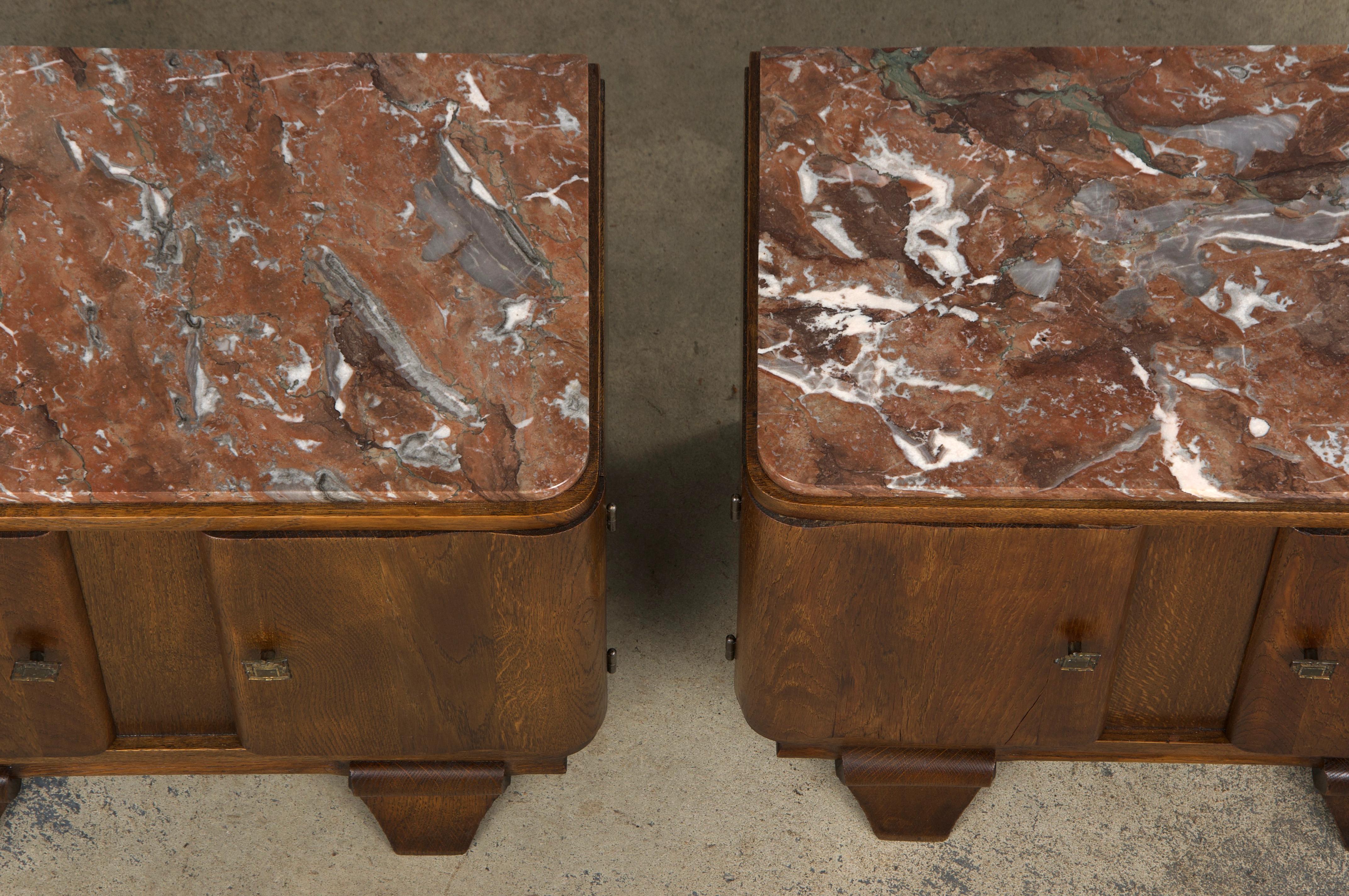 1930s French Art Deco Oak Nightstands W/ Red Marble Tops - A Pair 3