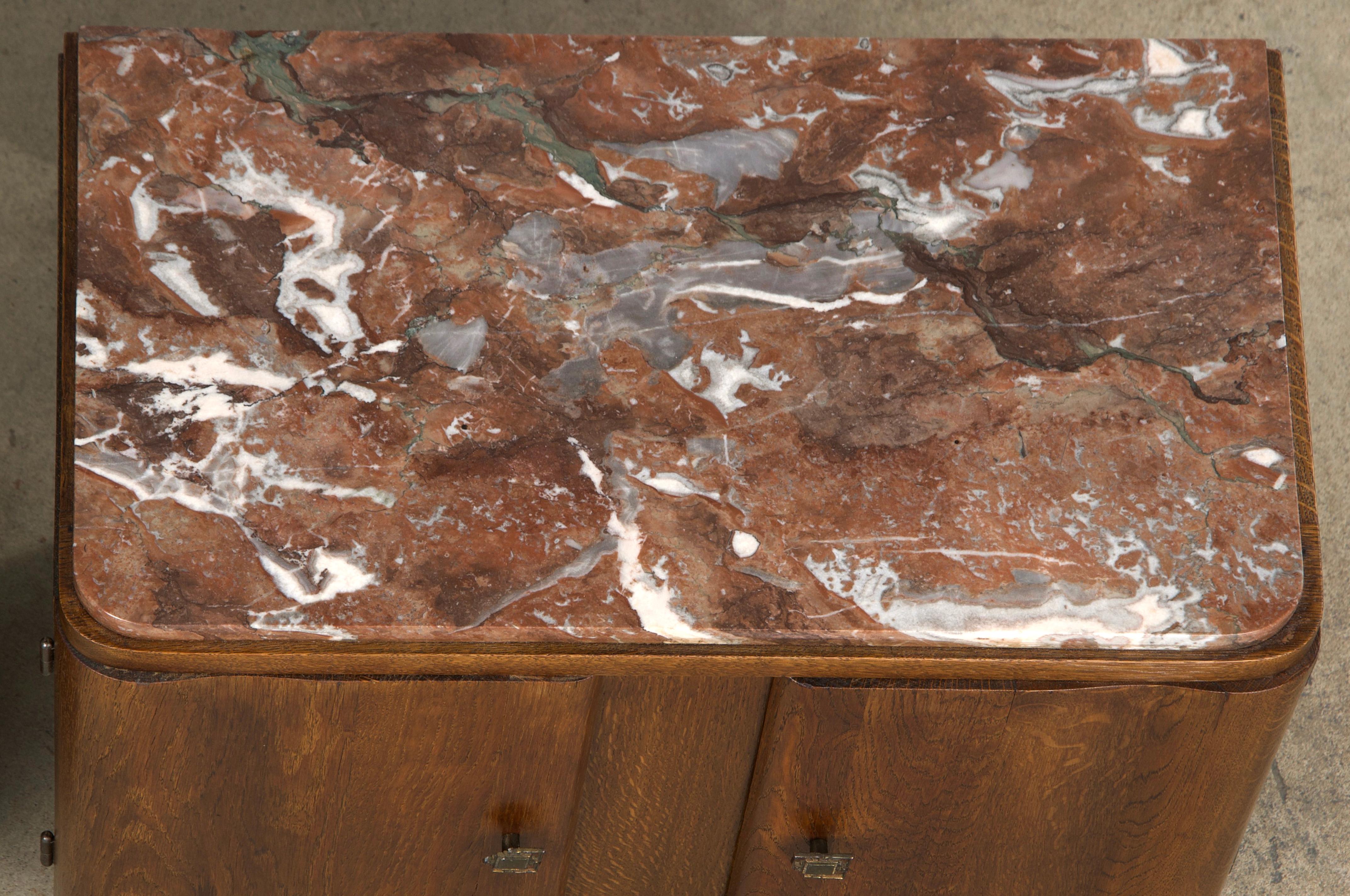1930s French Art Deco Oak Nightstands W/ Red Marble Tops - A Pair 4