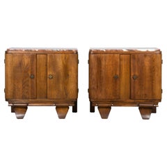 1930s French Art Deco Oak Nightstands W/ Red Marble Tops - A Pair