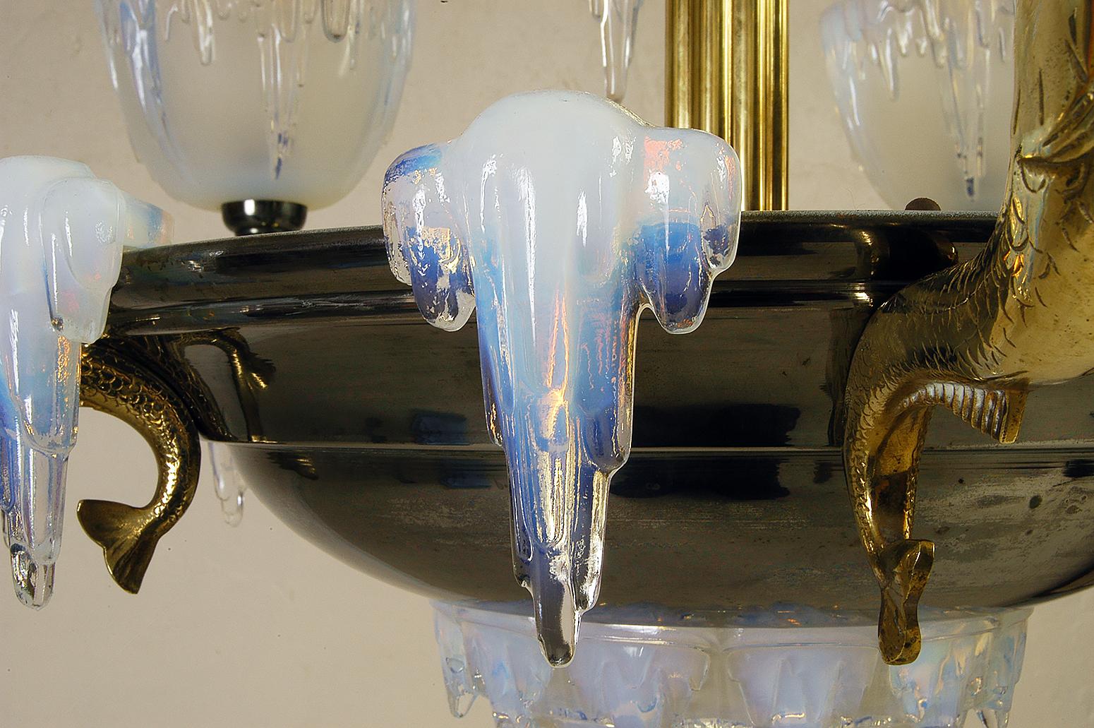 1930s French Art Deco Opalescent Ezan Glass ‘Icicle’ Chandelier by Henri Petitot 1