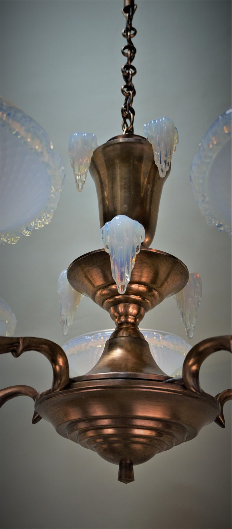 1930s French Art Deco Opalescent Glass Chandelier by Ezan In Good Condition In Fairfax, VA