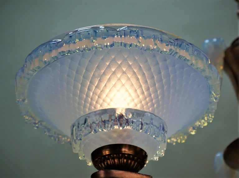Mid-20th Century 1930s French Art Deco Opalescent Glass Chandelier by Ezan