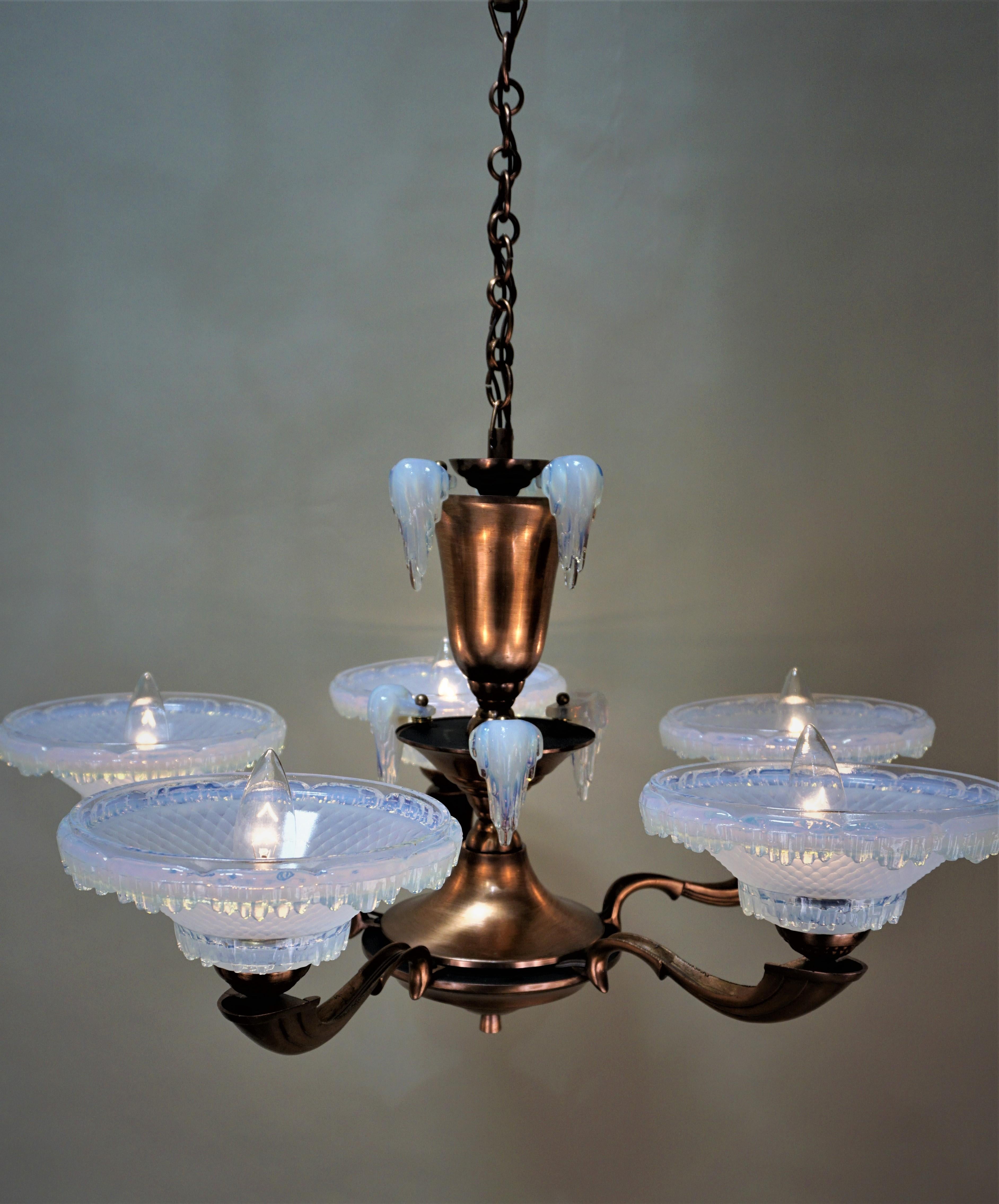 Plated 1930s French Art Deco Opalescent Glass Chandelier by Ezan