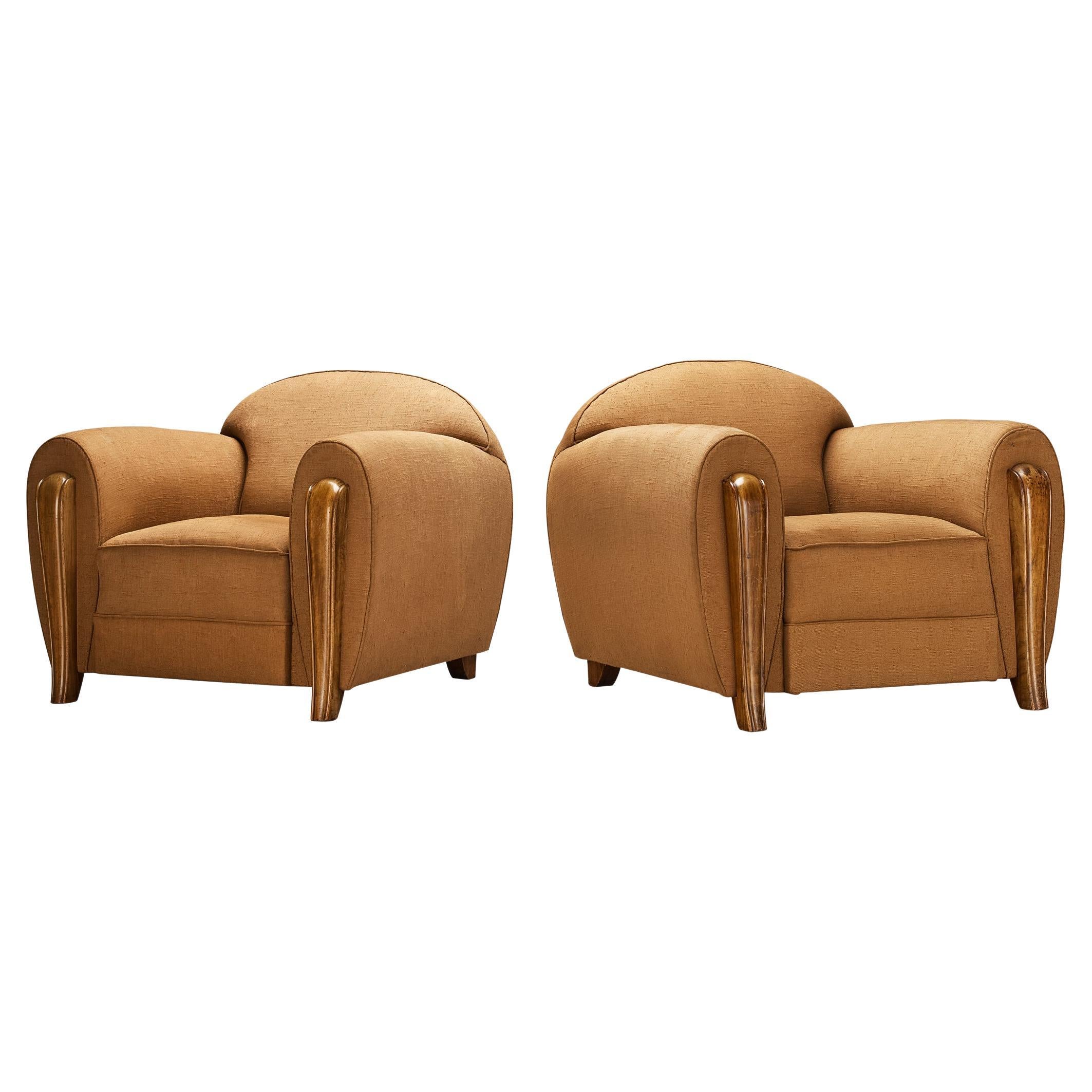 1930s French Art Deco Pair of Lounge Chairs in Walnut & Light Brown Fabric
