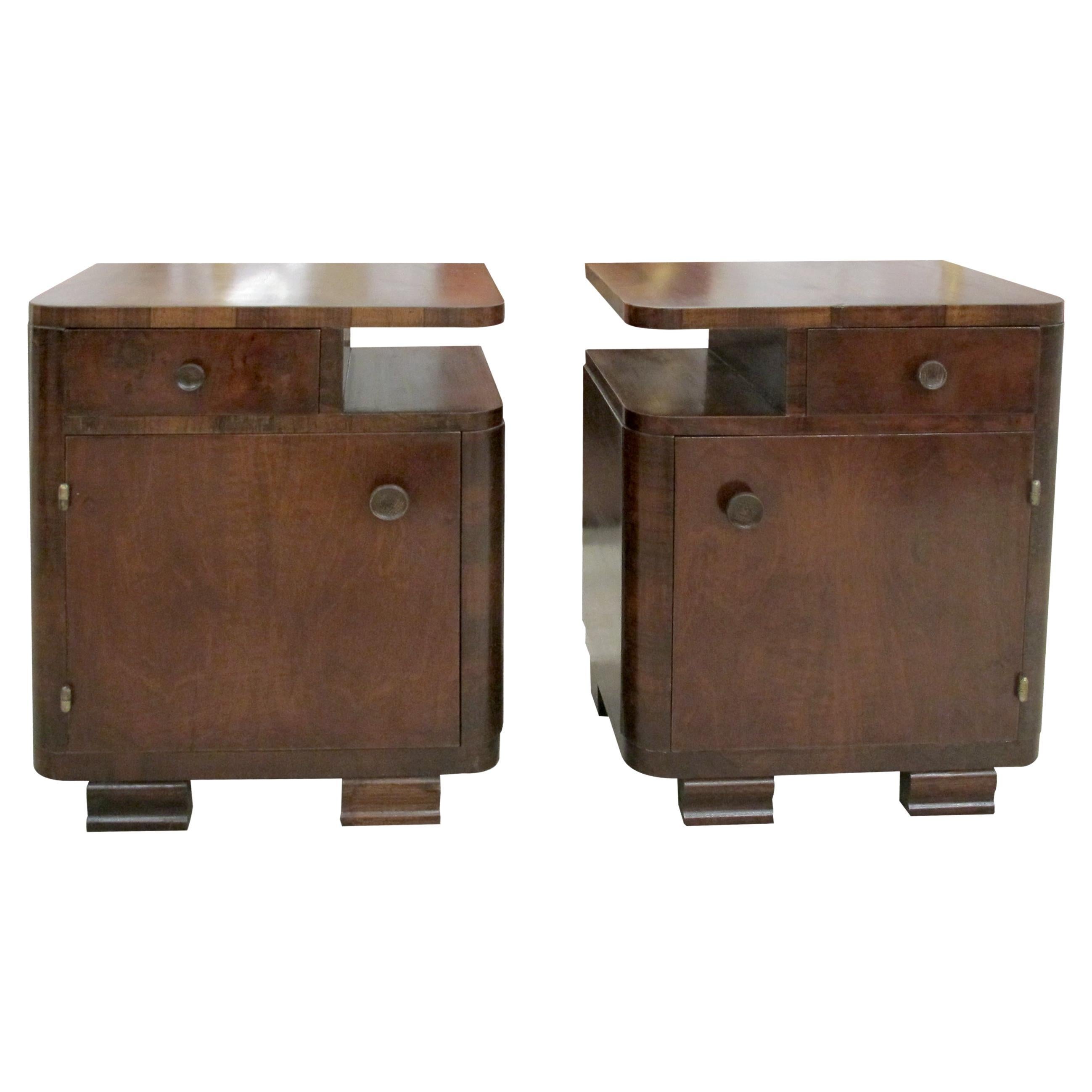 1930s French Art Deco Pair of Walnut Bedside Tables