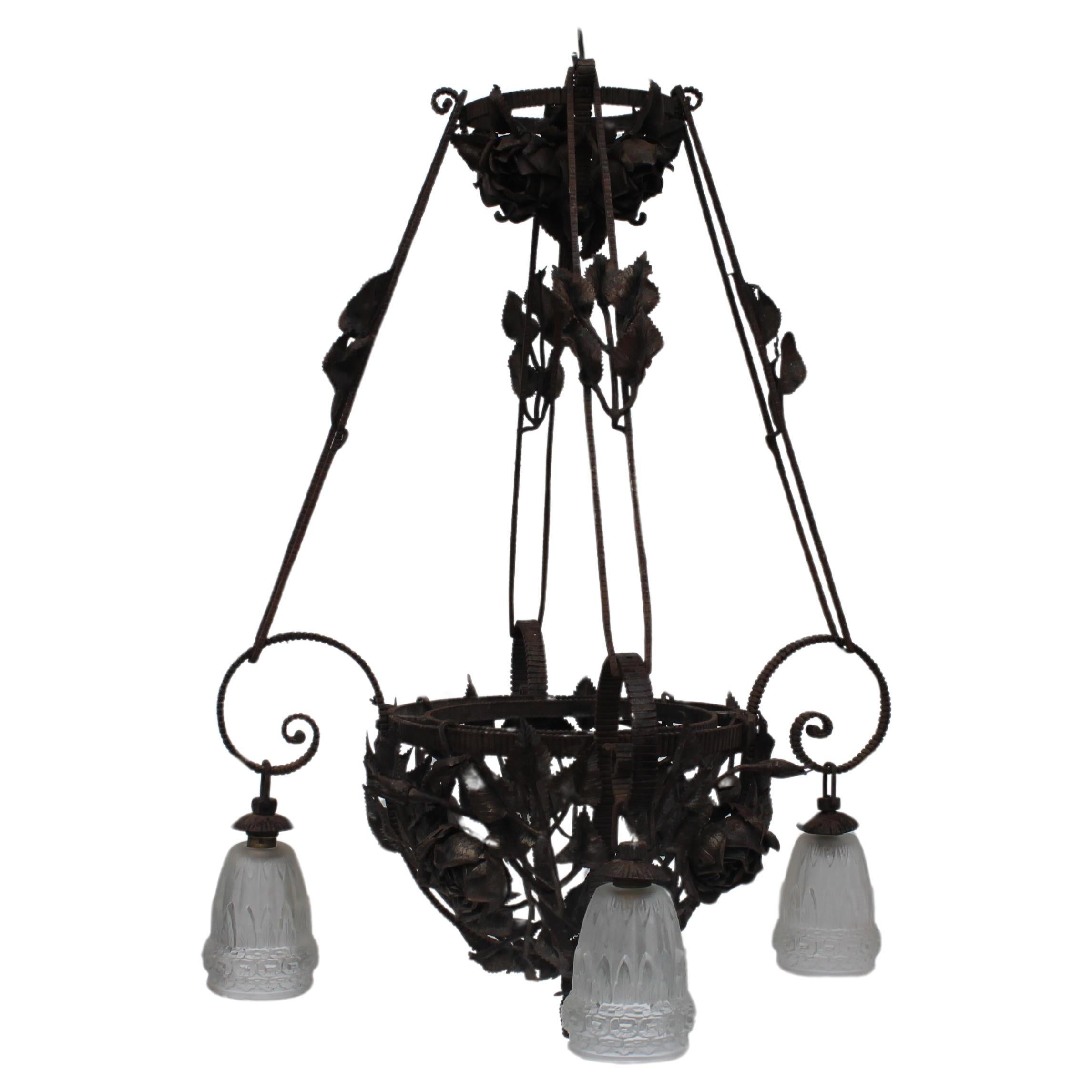 1930's French Art Deco Patinated Iron "Basket of Roses" Floral Form Chandelier For Sale