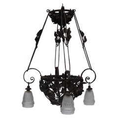1930's French Art Deco Patinated Iron "Basket of Roses" Floral Form Chandelier