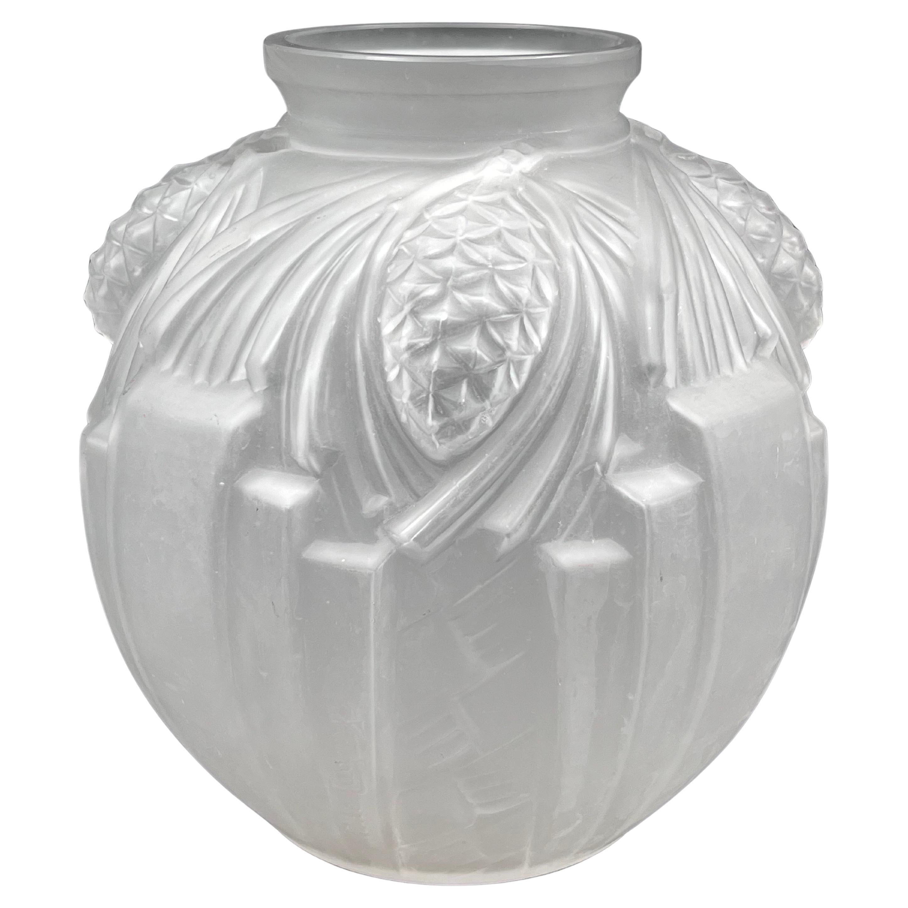 1930's French Art Deco Pine Cone Frosted Glass Vase by Pierre de Cagny Signed