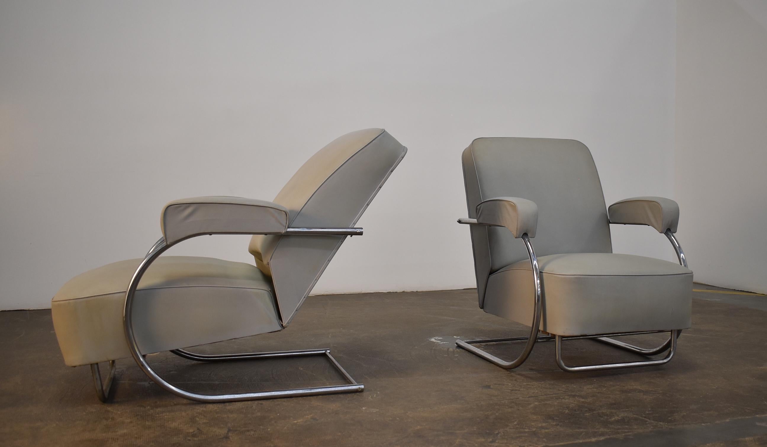 1930s French Art Deco Reclining Moleskin Chairs For Sale 1