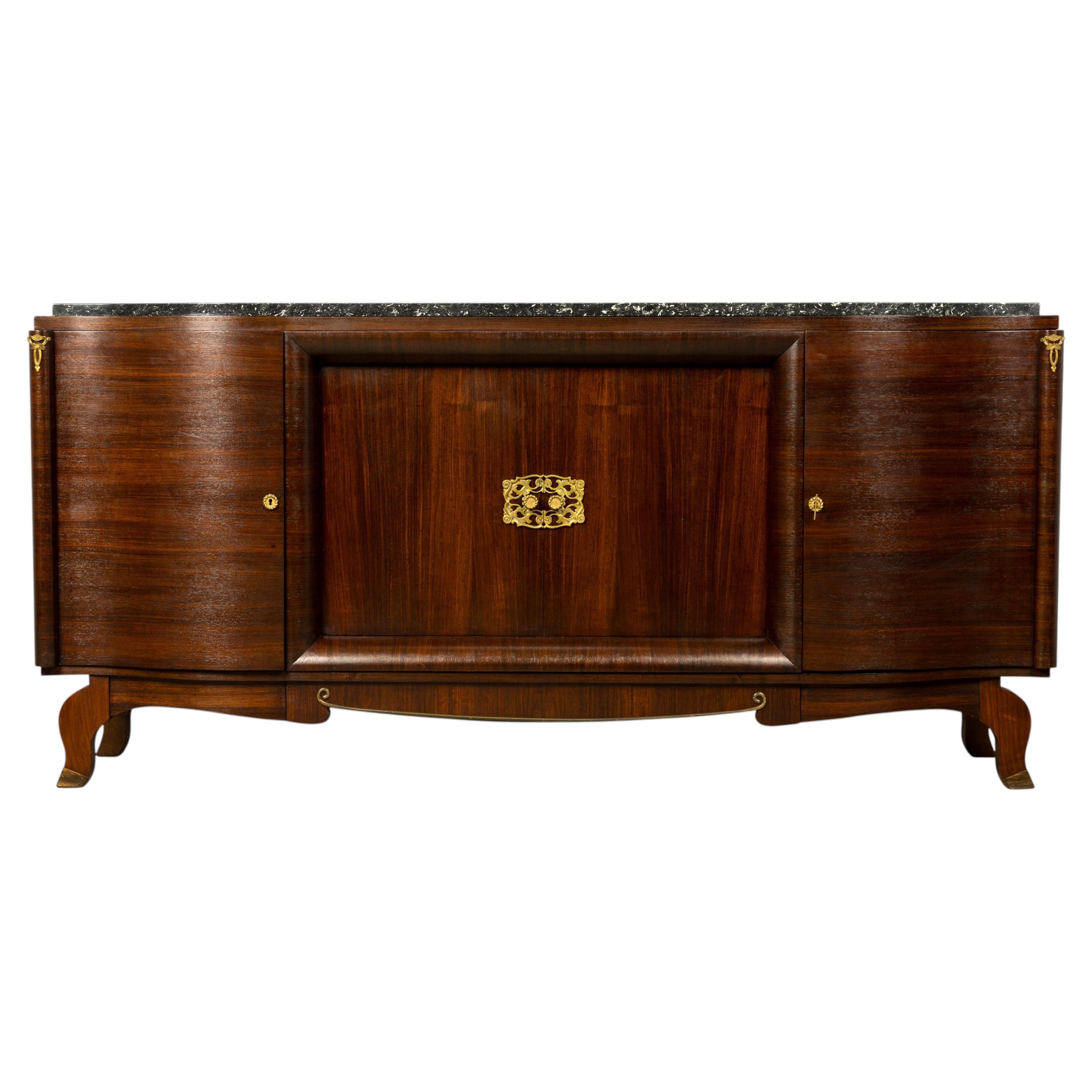 French Art Deco Sideboard, Rosewood & Fossil Black Marble, 1930, Paris