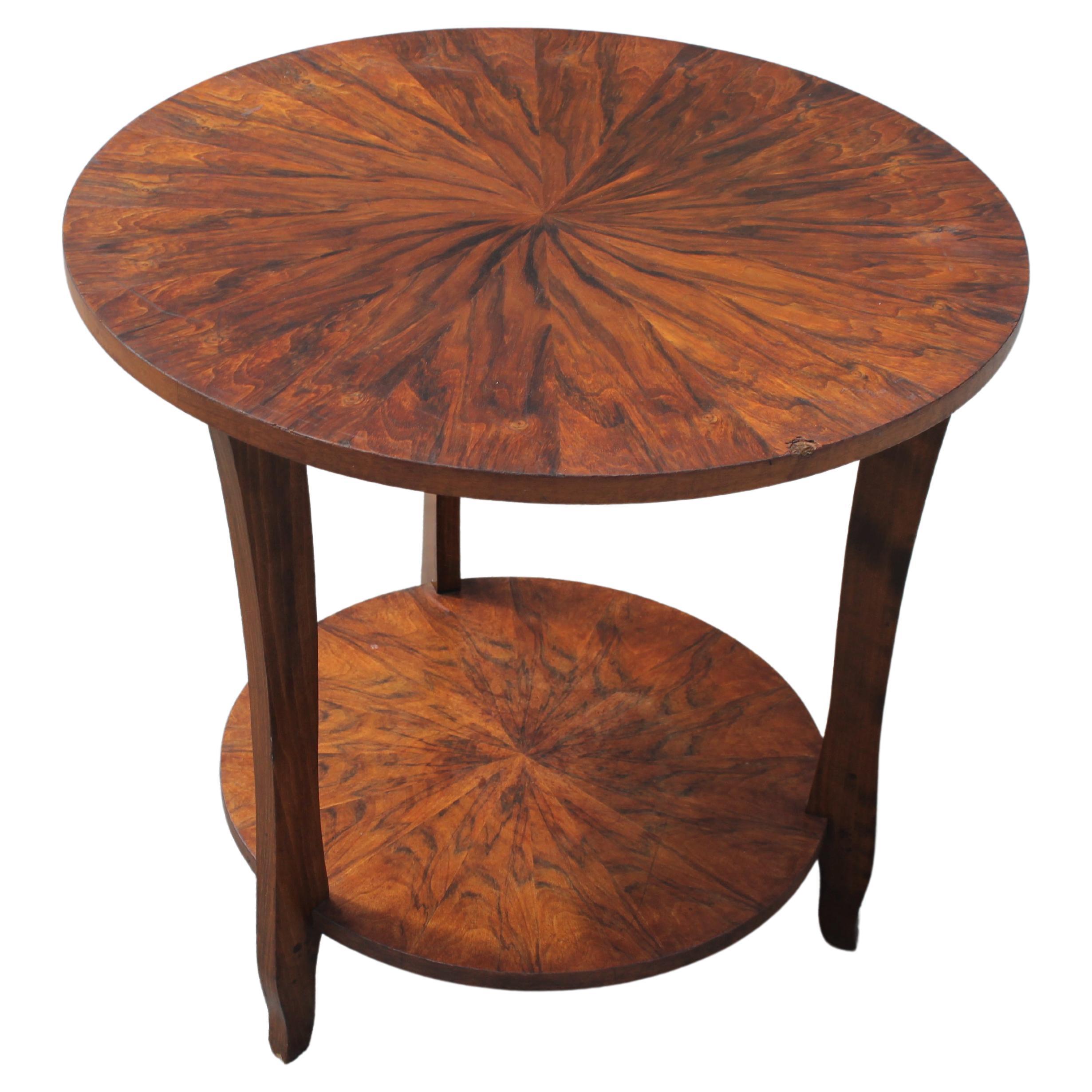 1930's French Art Deco Round Exotic Walnut Side Table/ Accent Table For Sale
