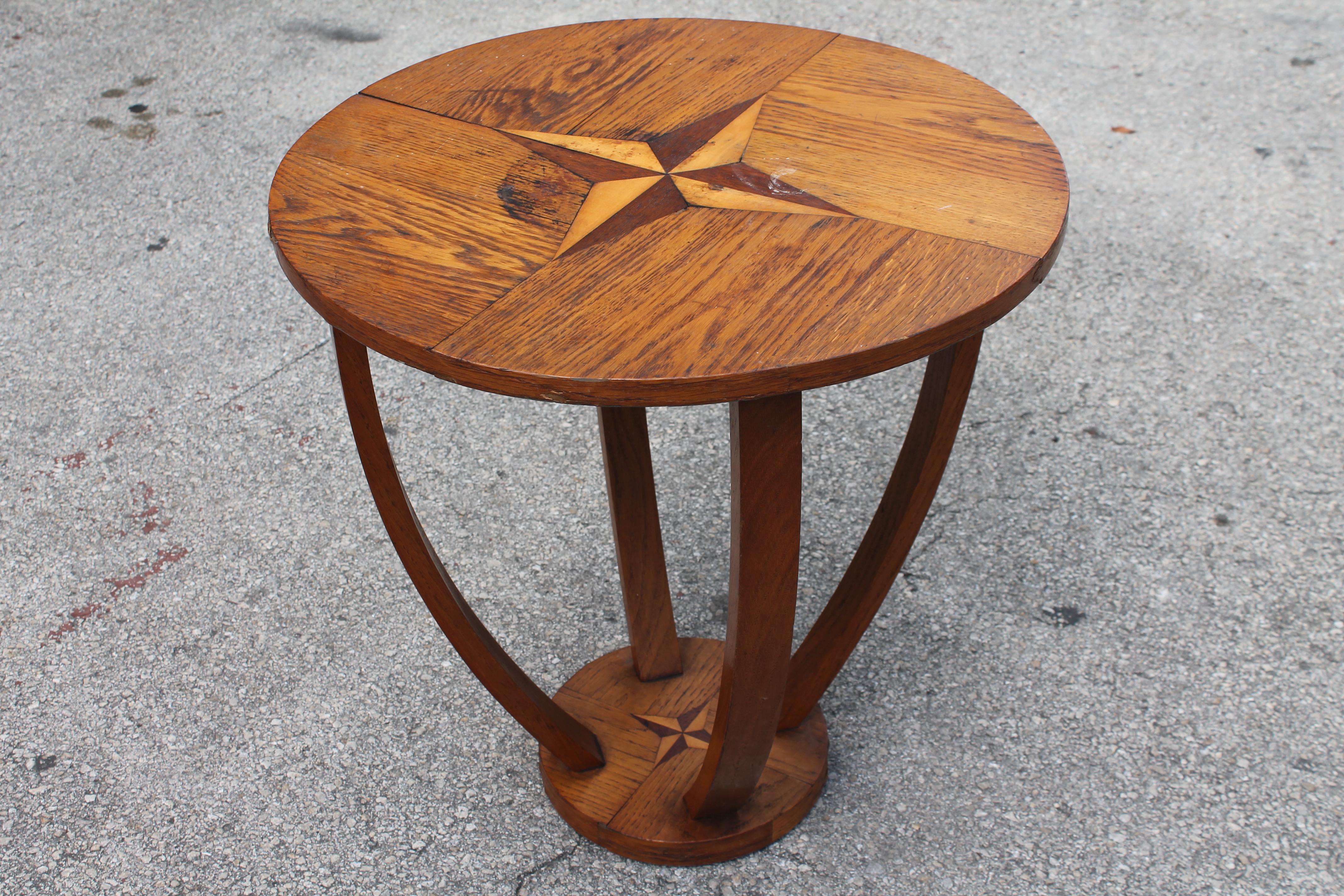 1930's French Art Deco Medium Wood Tone Round Accent / Side Table. Compass wood inlay. 2 level. Beautiful table.