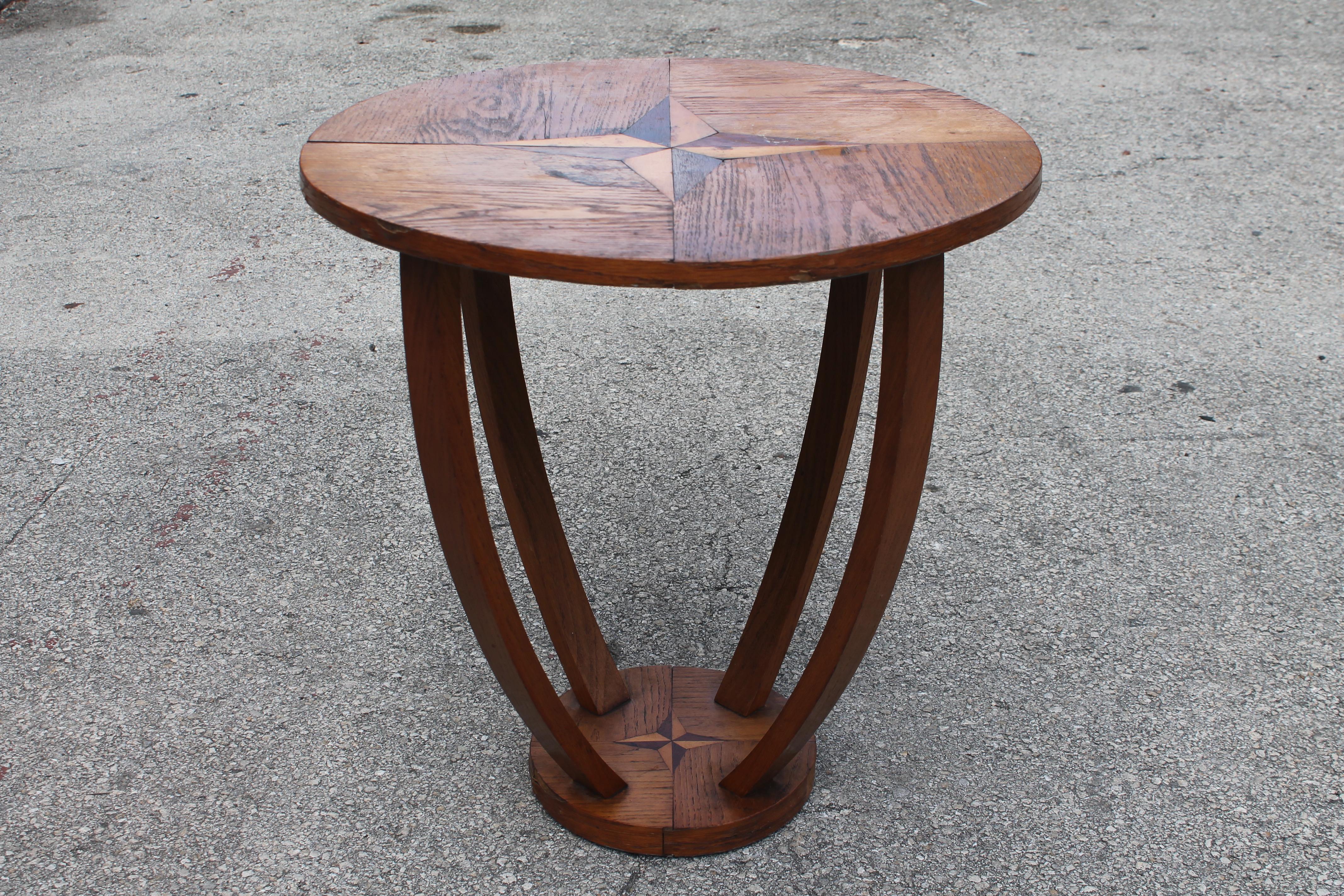 Wood 1930s French Art Deco Round Side/ Accent Table with Compass Inlay Detail For Sale