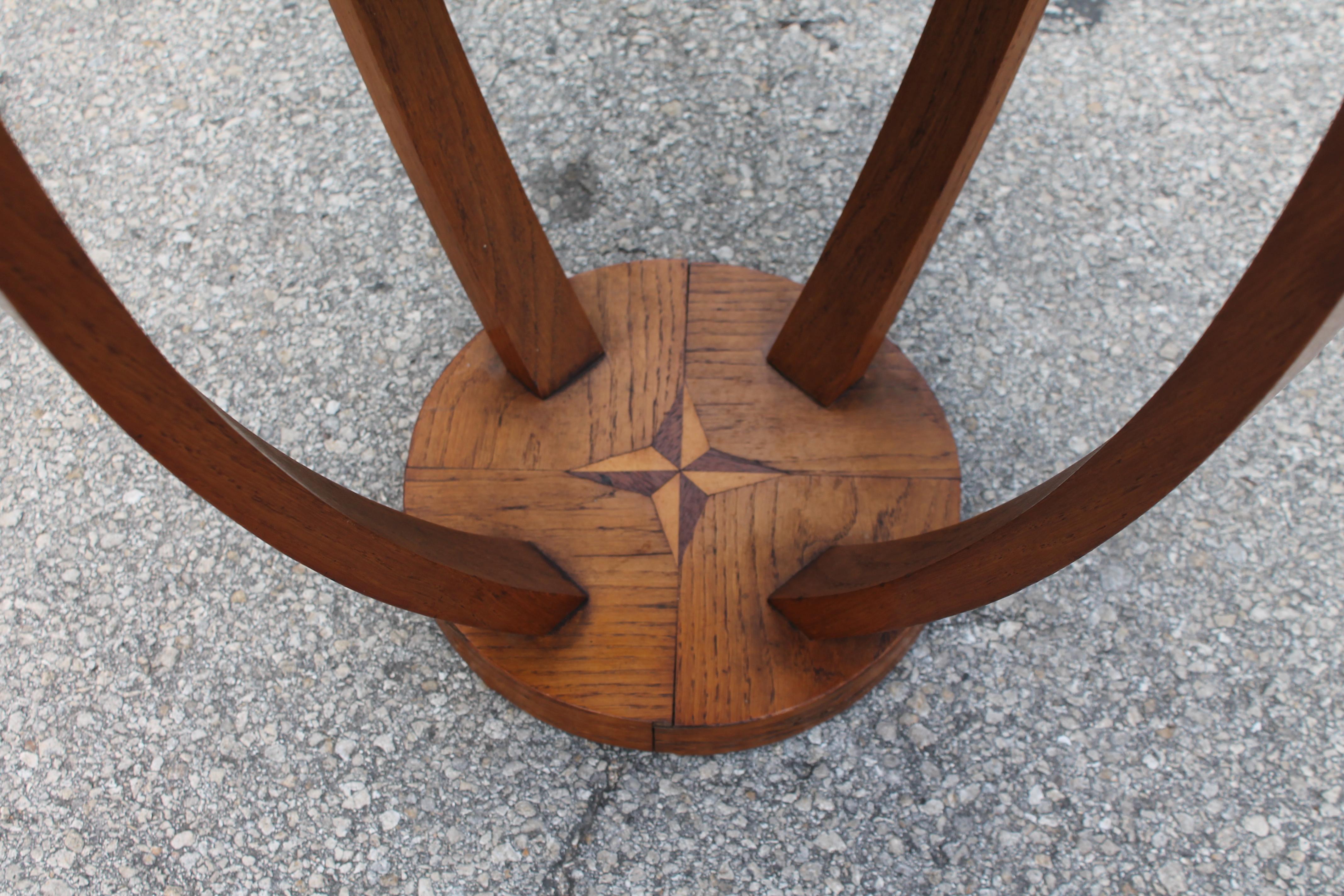 Wood 1930s French Art Deco Round Side/ Accent Table with Compass Inlay Detail For Sale