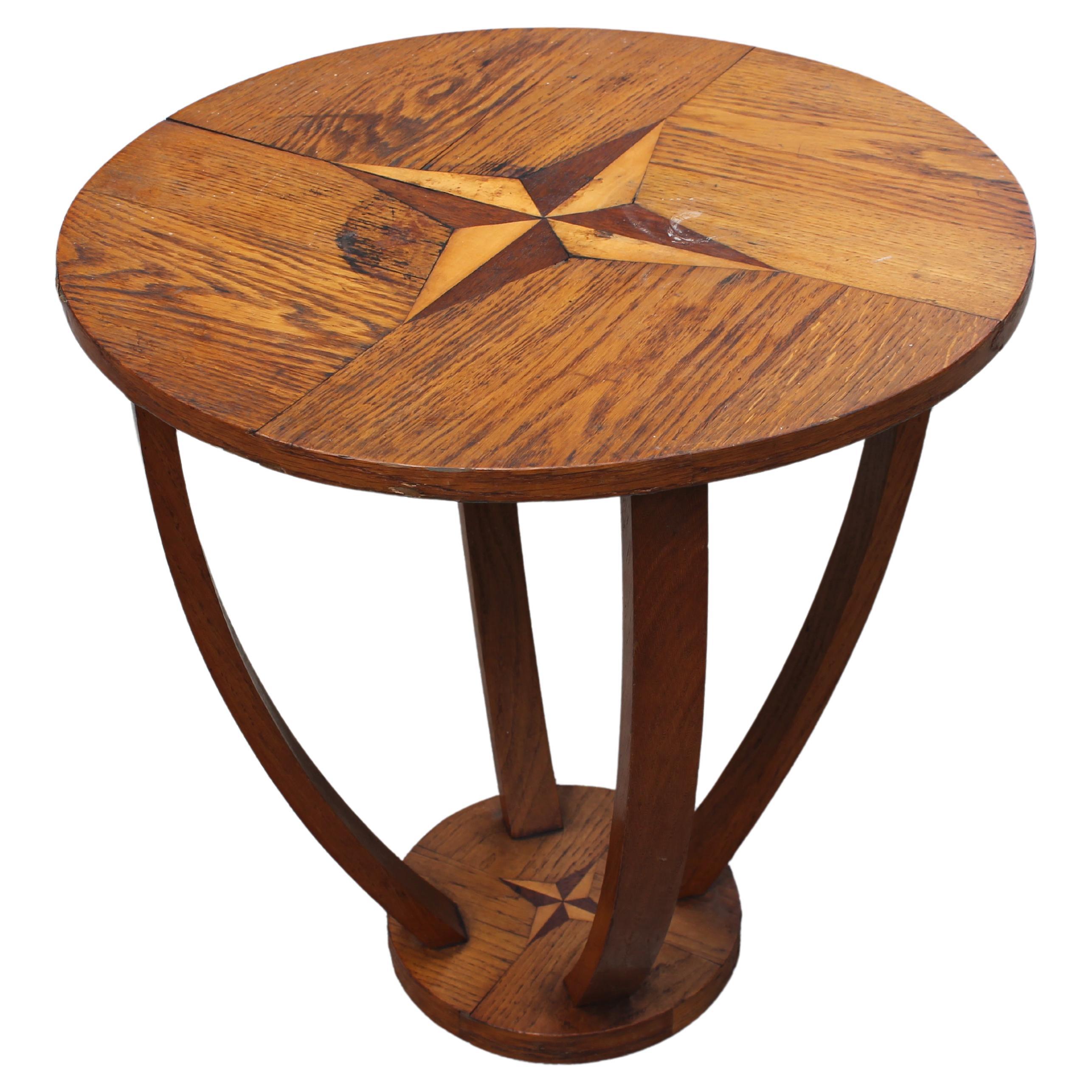 1930s French Art Deco Round Side/ Accent Table with Compass Inlay Detail