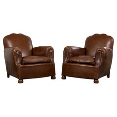 1930s French Art Deco Scalloped Back Club Chairs in Cognac Leather - A Pair