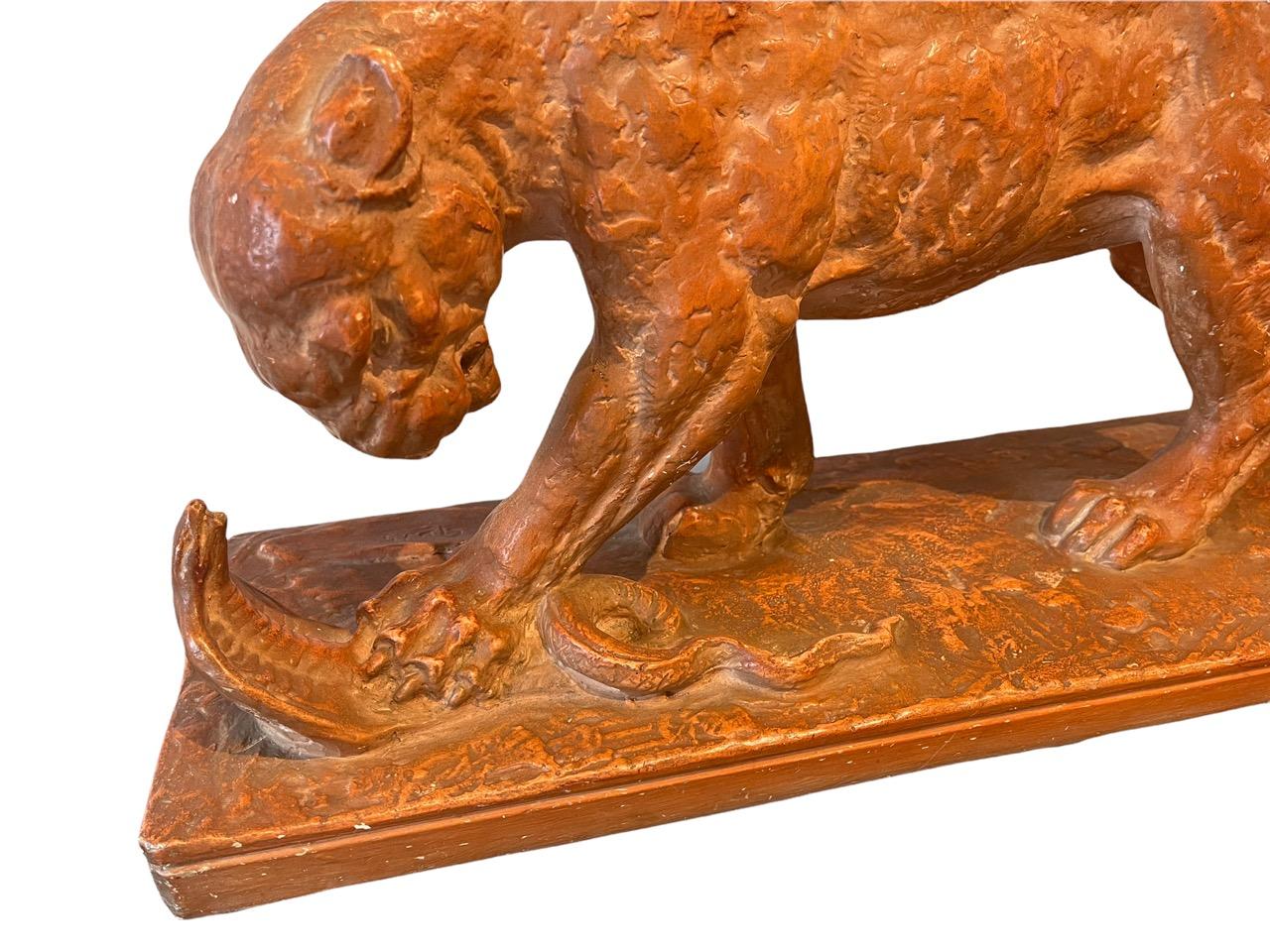 1930s French Art Deco sculpture ’’Border Panther with Cobra'' by Felix Gui In Distressed Condition For Sale In North Miami, FL