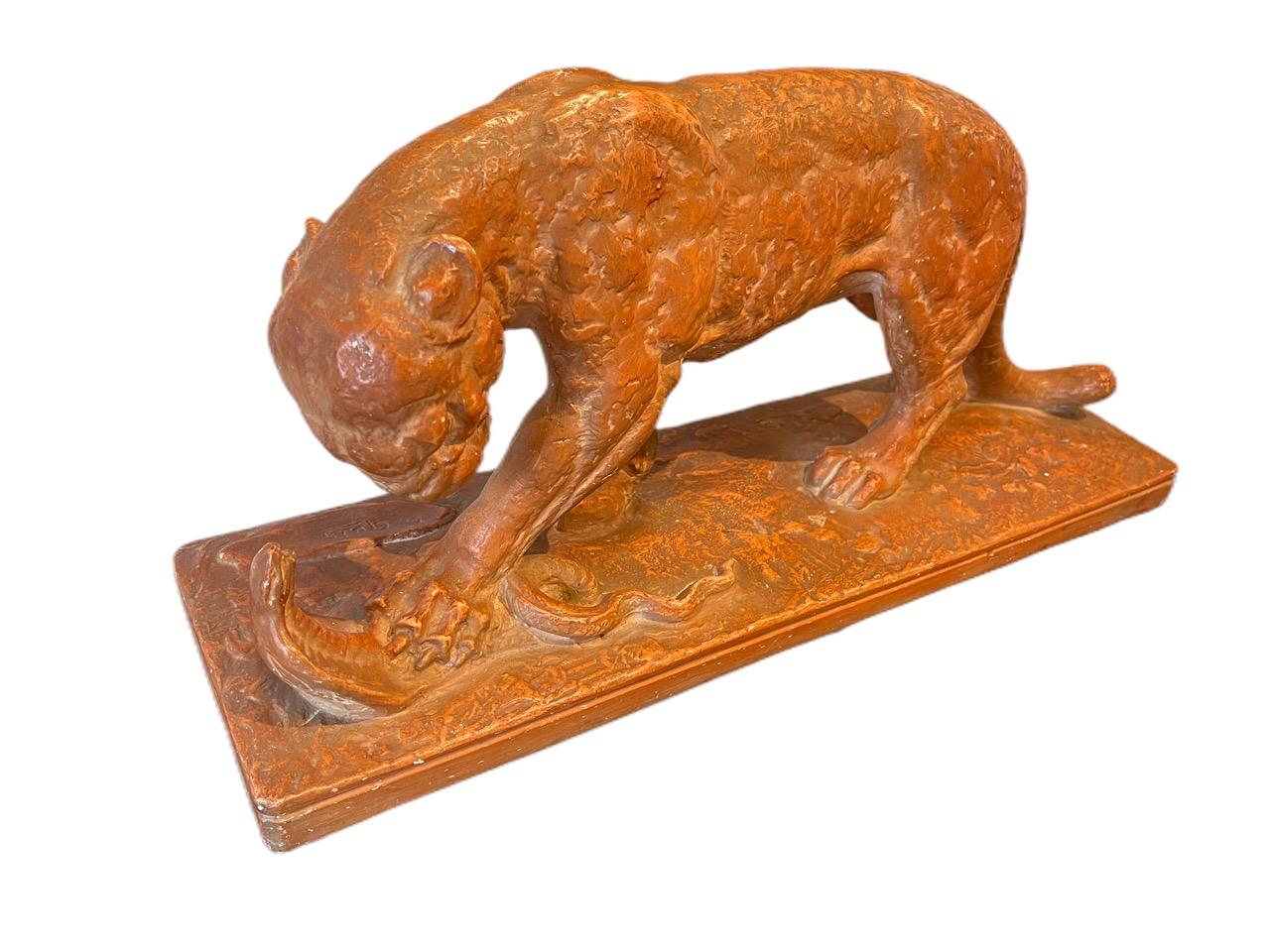 Terracotta 1930s French Art Deco sculpture ’’Border Panther with Cobra'' by Felix Gui For Sale